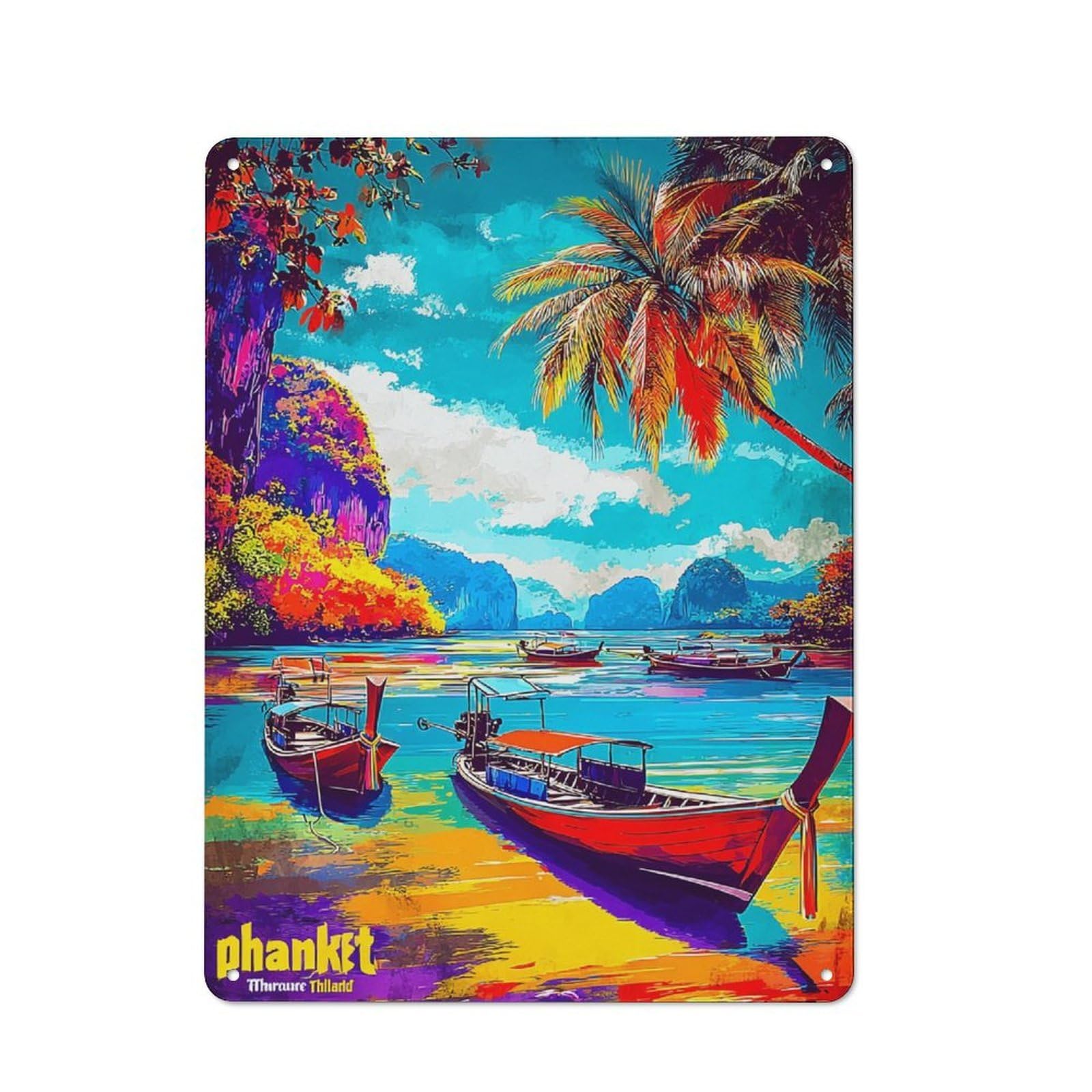 Junmoney Colorful Tropical Island Scene Understated Decorative Metal Sign 40X30cm Featuring Study Room Decor For Workspace, Cafe, Shop Or Desk Area
