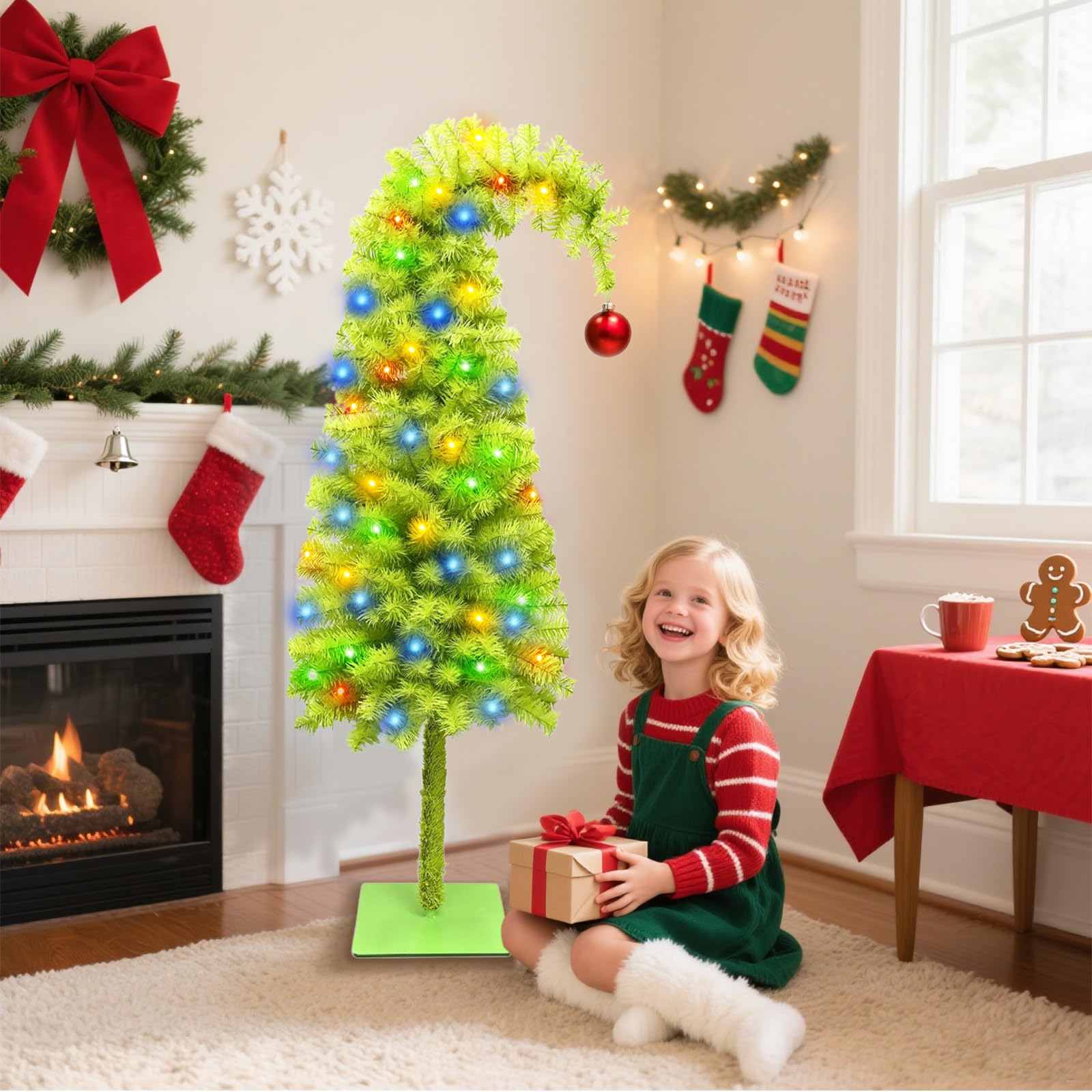 150cm Künstlicher Weihnachtsbaum mit Roter Kugelspitze Lichterkette, pop up decorated weihnachtsbaum mit beleuchtung, grinch Grüner weihnachtsbaum Christmas Tree, für Innen Außen Weihnachtsdeko (Grun)