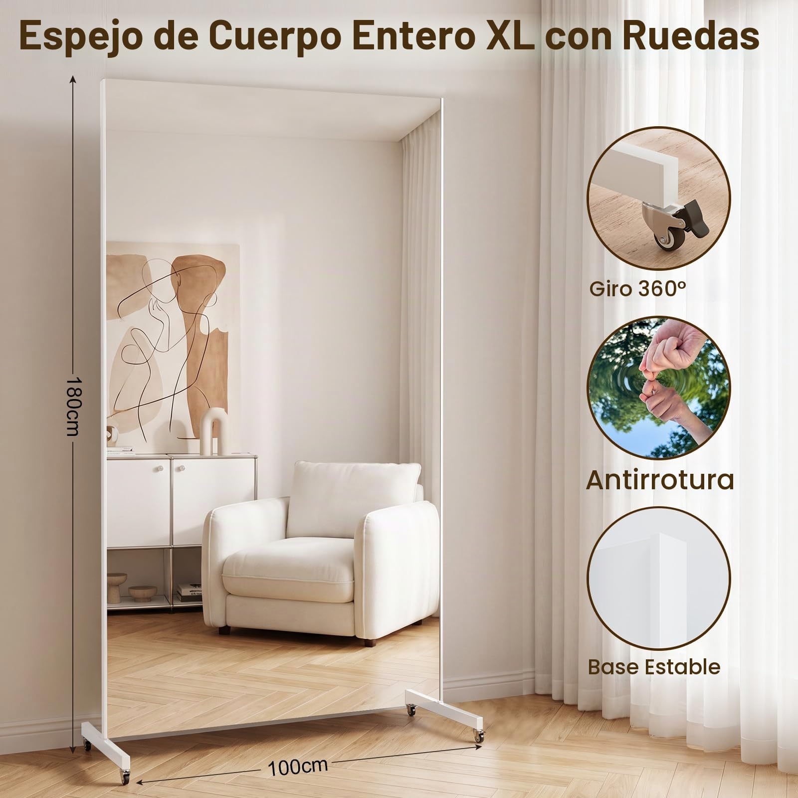 brisafe Espejo de Cuerpo Entero, 170 x 100 cm, Grande Espejo de Pie con Ruedas, Espejos Irrompible con Marco de Aluminio Blanco, Giratorio 360° para Gimnasio en Casa, Dormitorio, Entrada y Pasillo