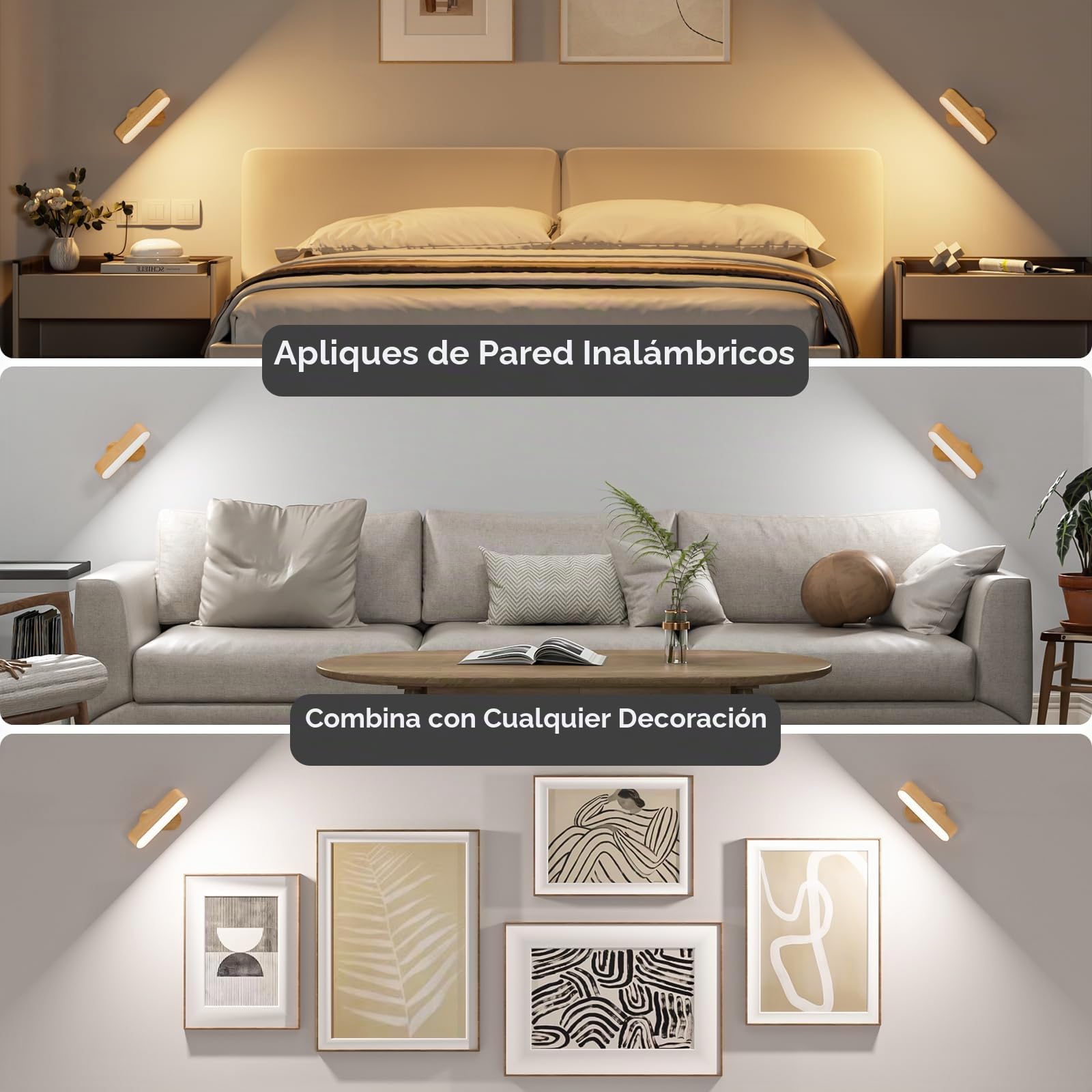Hensam Apliques de pared accionados por batería, juego de dos apliques de pared LED inalámbricos para dormitorio, luces de pared recargables para cuadros, lámparas de pared regulables de 5 modos para