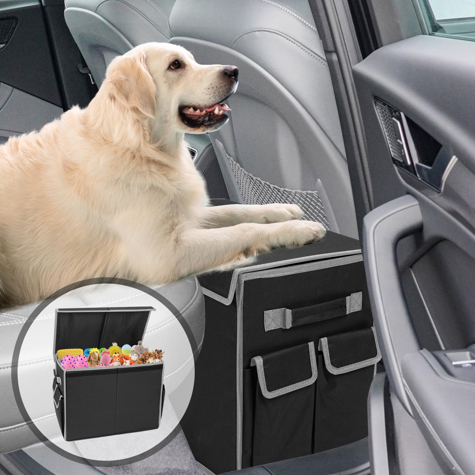 Extensor de asiento para perros de hasta 90,7 kg, con bolsillos de almacenamiento, extensor de asiento delantero y trasero plegable para perros grandes, medianos y pequeños (gris y negro)