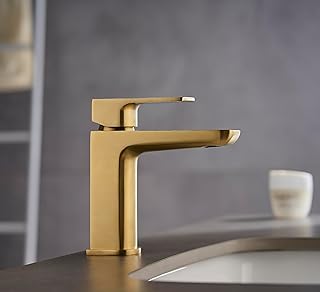 KINGBATH™ Single Lever Mini Mono Basin Mixer Tap with Click Clack Sprung Waste Bathroom Sink Hot and Cold Faucet Solid Brass Modern Brushed Brass Gold Easy to Fit/Install