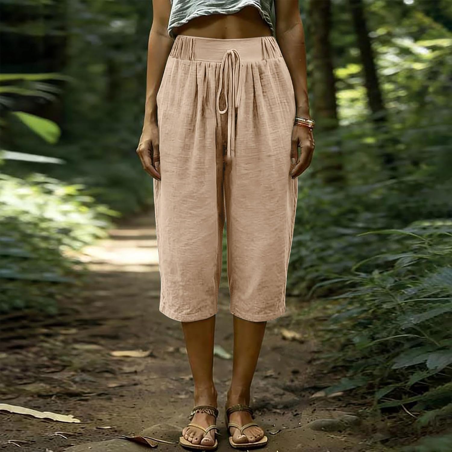 Womens Capri Pants Lightweight Casual Summer Capris Drawstring Elastic Waist Wide Straight Leg Cropped Pants
