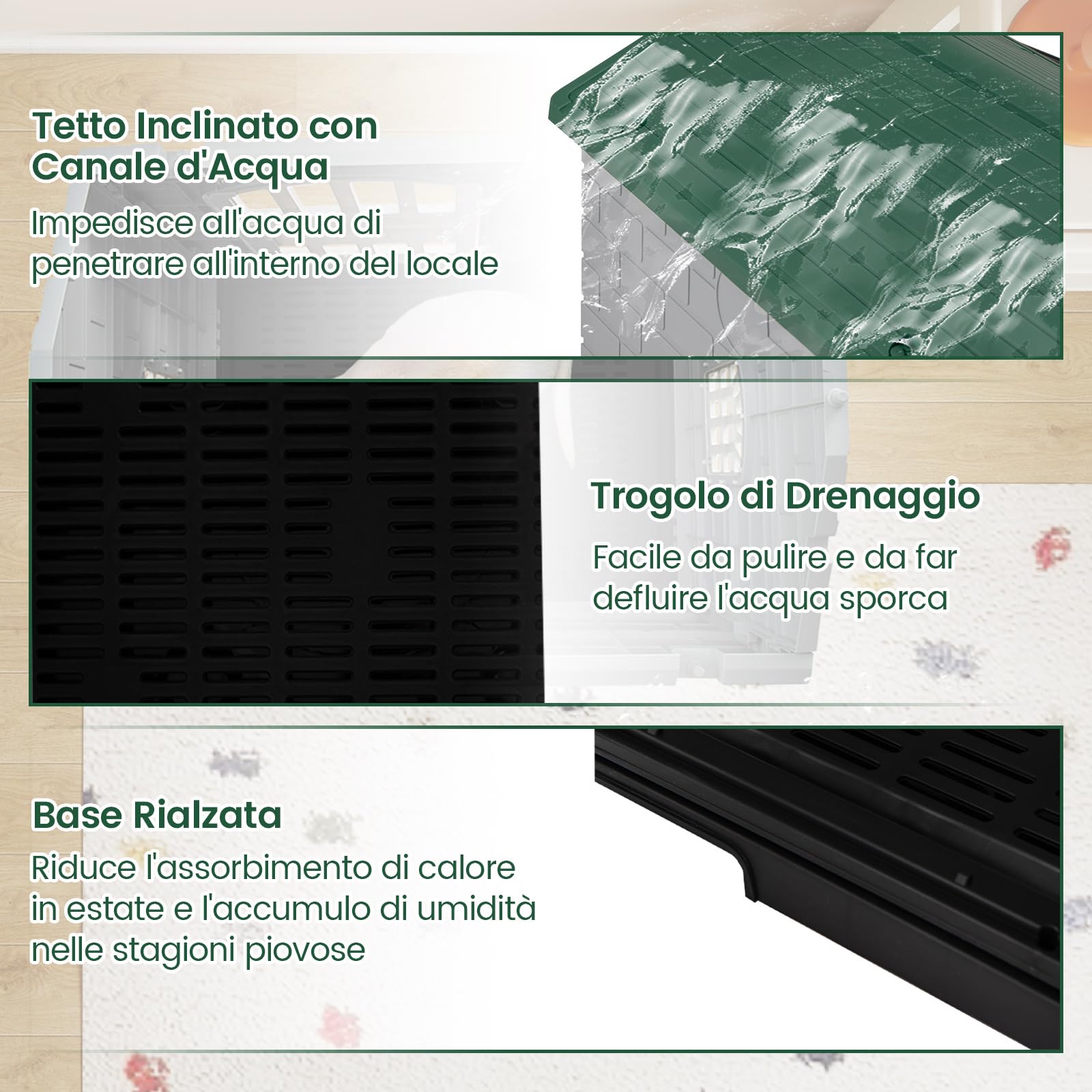 COSTWAY Cuccia per Cani da Esterno ed Interno, Casetta Impermeabile e Ventilata con Vassoio Toilette Rimovibile, Porta Bloccabile, 3 Finestre e Tetto a Pendenza, per Cani di Piccoli e Gatti (Verde)