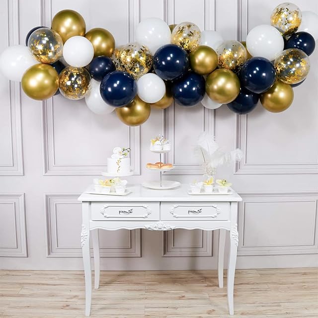 Navy Blue Gold Balloons - 63Pcs Navy Blue Gold Balloon Arch Garland Kit With White Gold Confetti Balloons, Birthday Party Balloon For Men Boys Birthday Party Wedding Baby Shower Graduation Decoration
