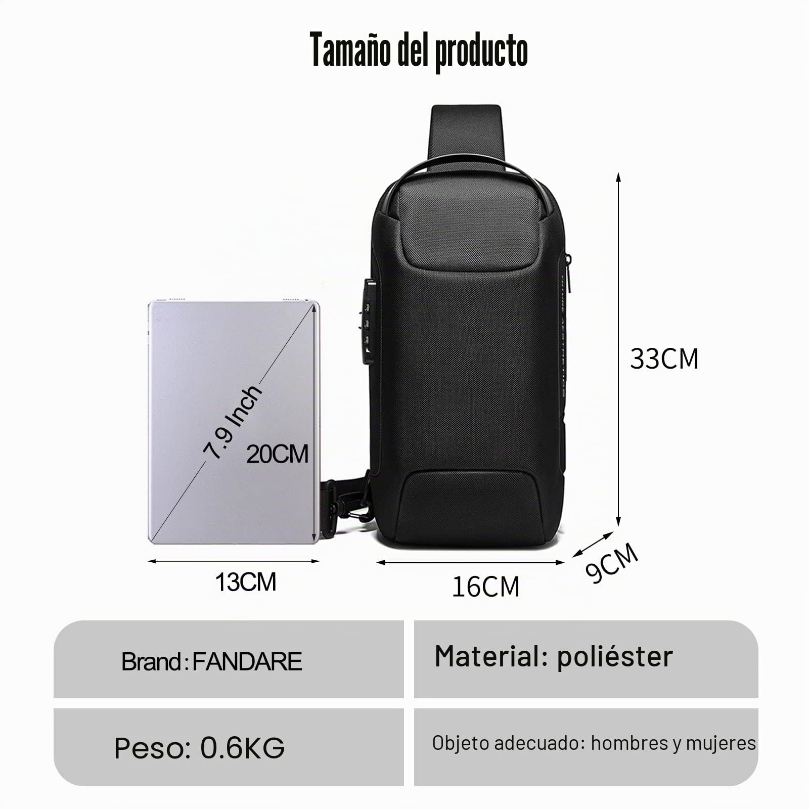 FANDARE Antirrobo Bolso Hombro Bolsa de Pecho Bandoleras Cruzada con USB Bandolera Bolsos Bandolera para Hombres Mujer Escolar Senderismo Viaje Multibolsillos Sling Crossbody Bag Poliéster Negro
