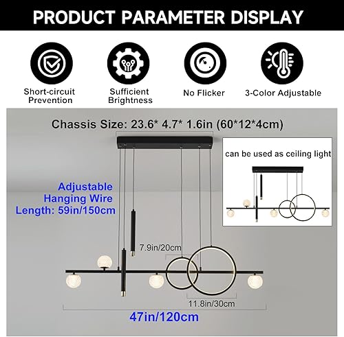 Miniatura 5 de Modernas luces colgantes LED, regulables de 47 pulgadas, lámpara LED lineal, lámpara colgante de comedor negra y dorada mejorada, accesorios de luz