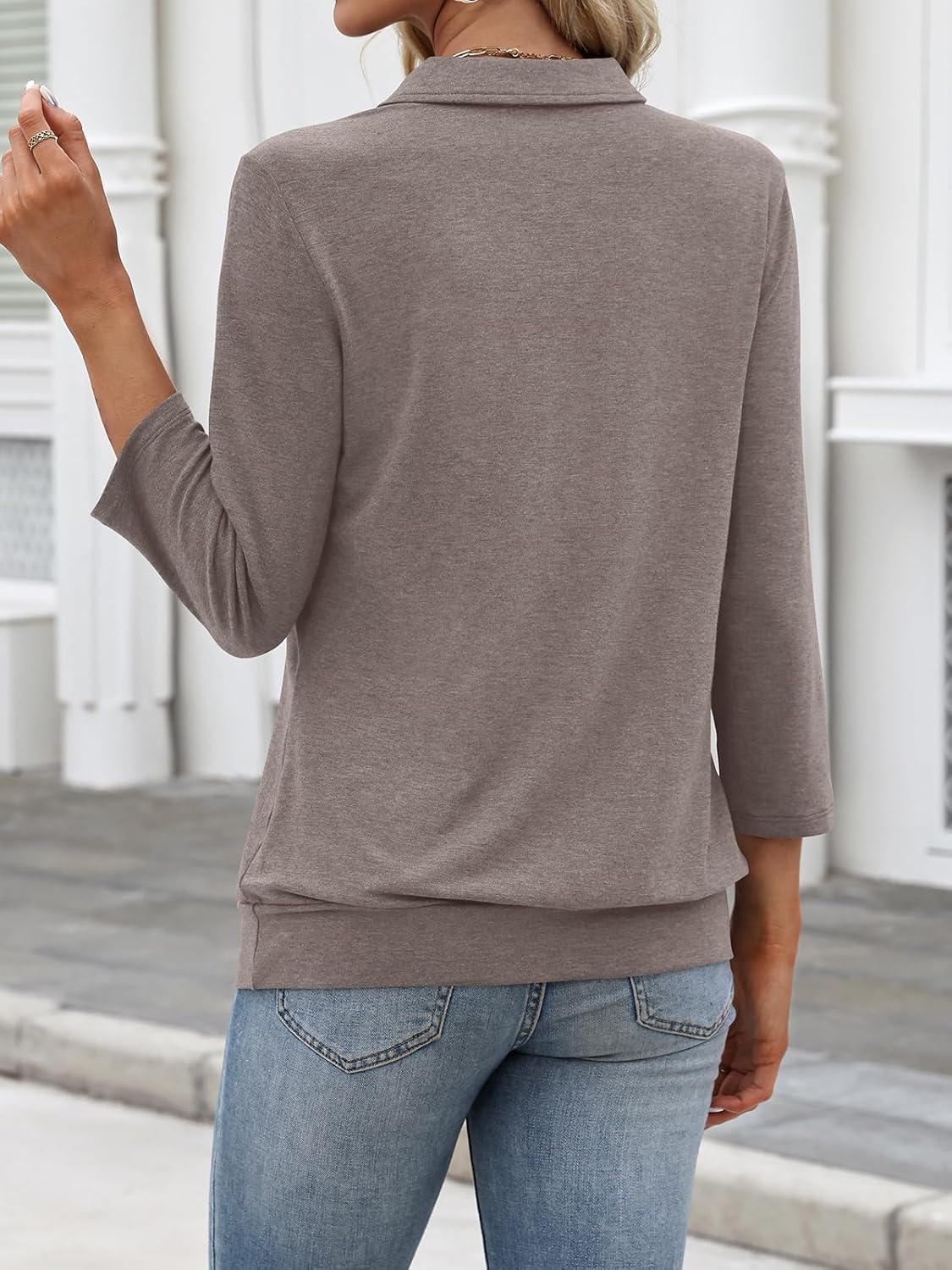 Womens Polo Shirts 3/4 Sleeve Banded Bottom Tops Business Casual Tops Collared V Neck Blouses - Image 5