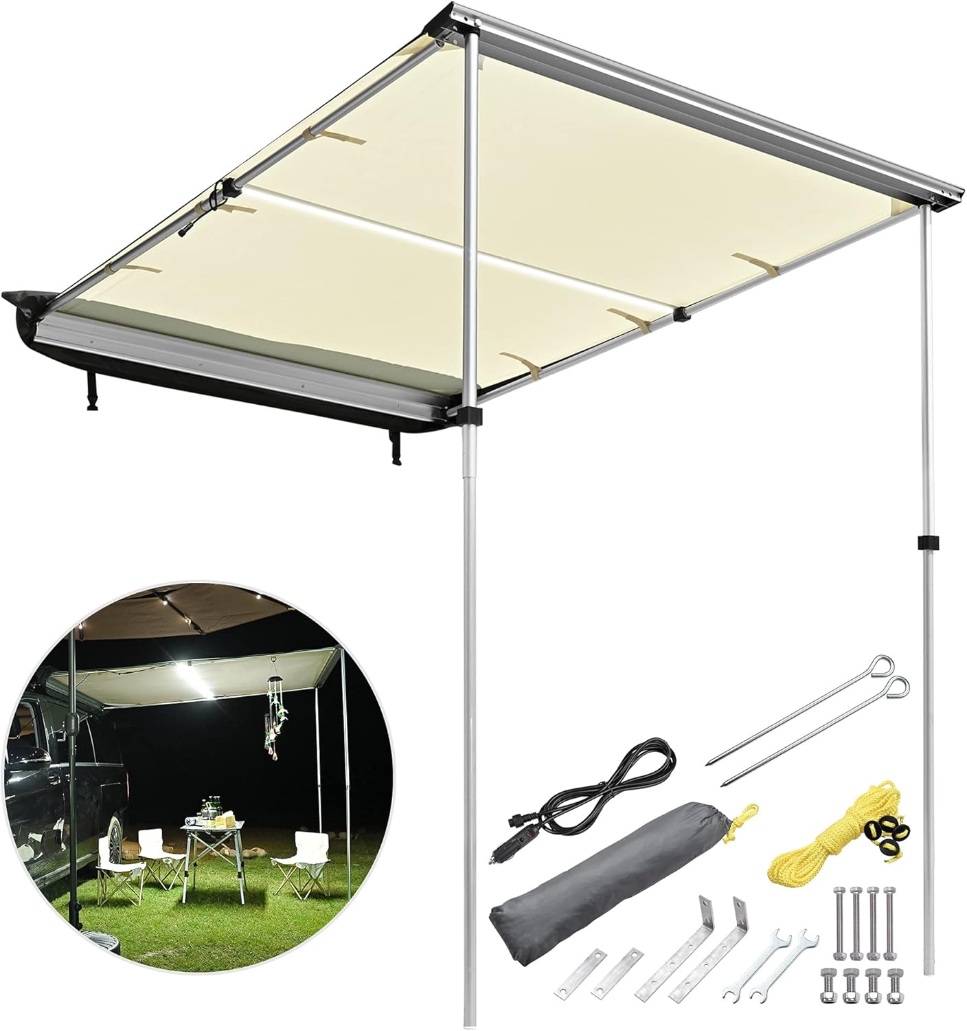 Yescom Car Awning with LED for SUV 4.6FT x 6.6FT Caravan Camping Side Rooftop Tailgate Canopy Tent Shelter Tarp