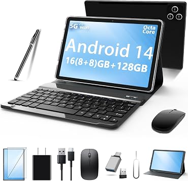 MEIZE Tablet 2026 Android 14 Tablet, 10 Inch Tablet,5G Wi-Fi Tablet Computer,2 in 1 Tablet with Keyboard, 128GB ROM+168+8 GB RAM + 1TB Expand,Octa-Core Processor,1920 * 1200 IPS,Bluetooth,GPS,Black