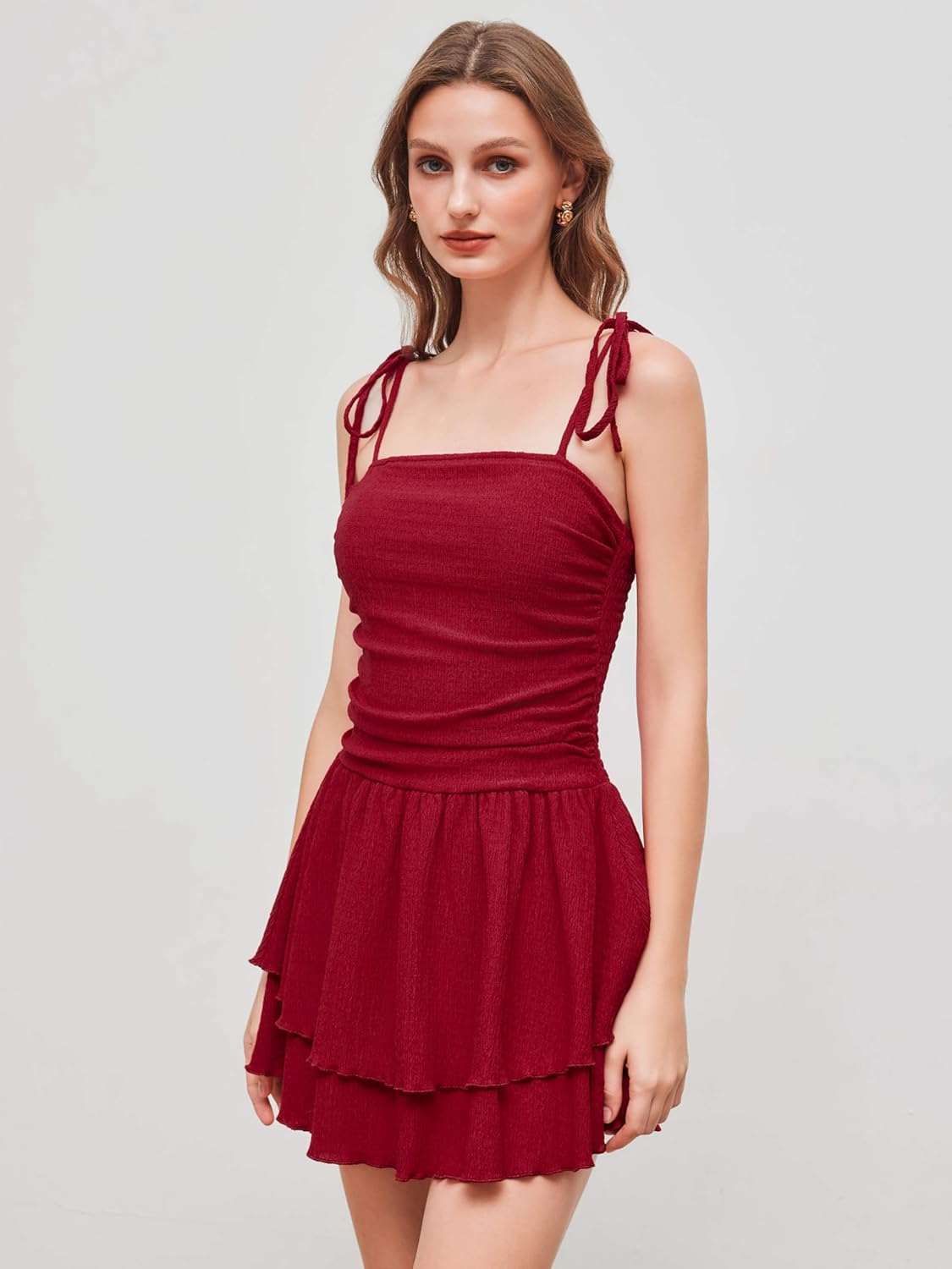 CIDER Women's Summer Mini Cocktail Dress Strap Ruched Square Neck Layered Sleeveless A Line Short Dress Trendy - Image 4