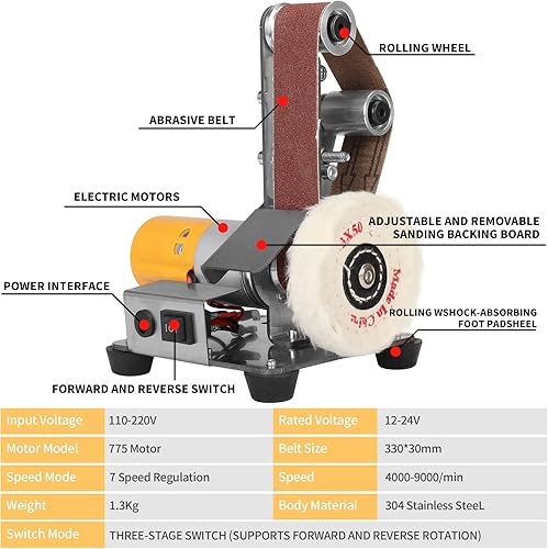 Miniatura 7 de Lijadora de Banda Mini 3 en 1  Máquina de Amolado y Lijado Eléctrica de Velocidad Ajustable, Sistema de Banco para Manualidades, Amoladora de Banco,