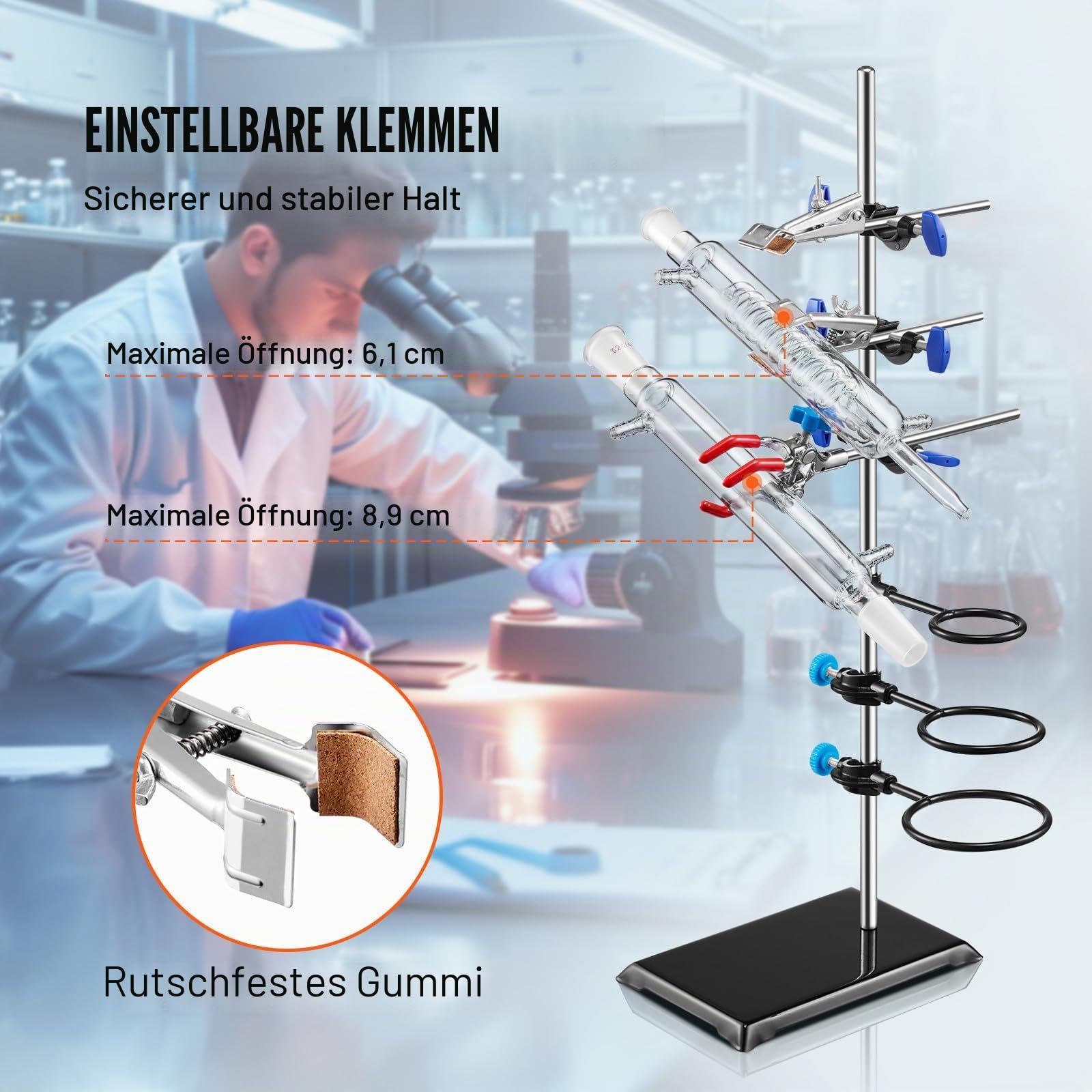 VEVOR Laborständer-Unterstützung, Labor-Retorten-Stützständer 1 Satz, Laborständer aus Stahl mit 60 cm Stab & 210,82 x 135 mm Gusseisenbasis, inkl. Kolbenklemmen, Bürettenklemmen und Kreuzklemmen