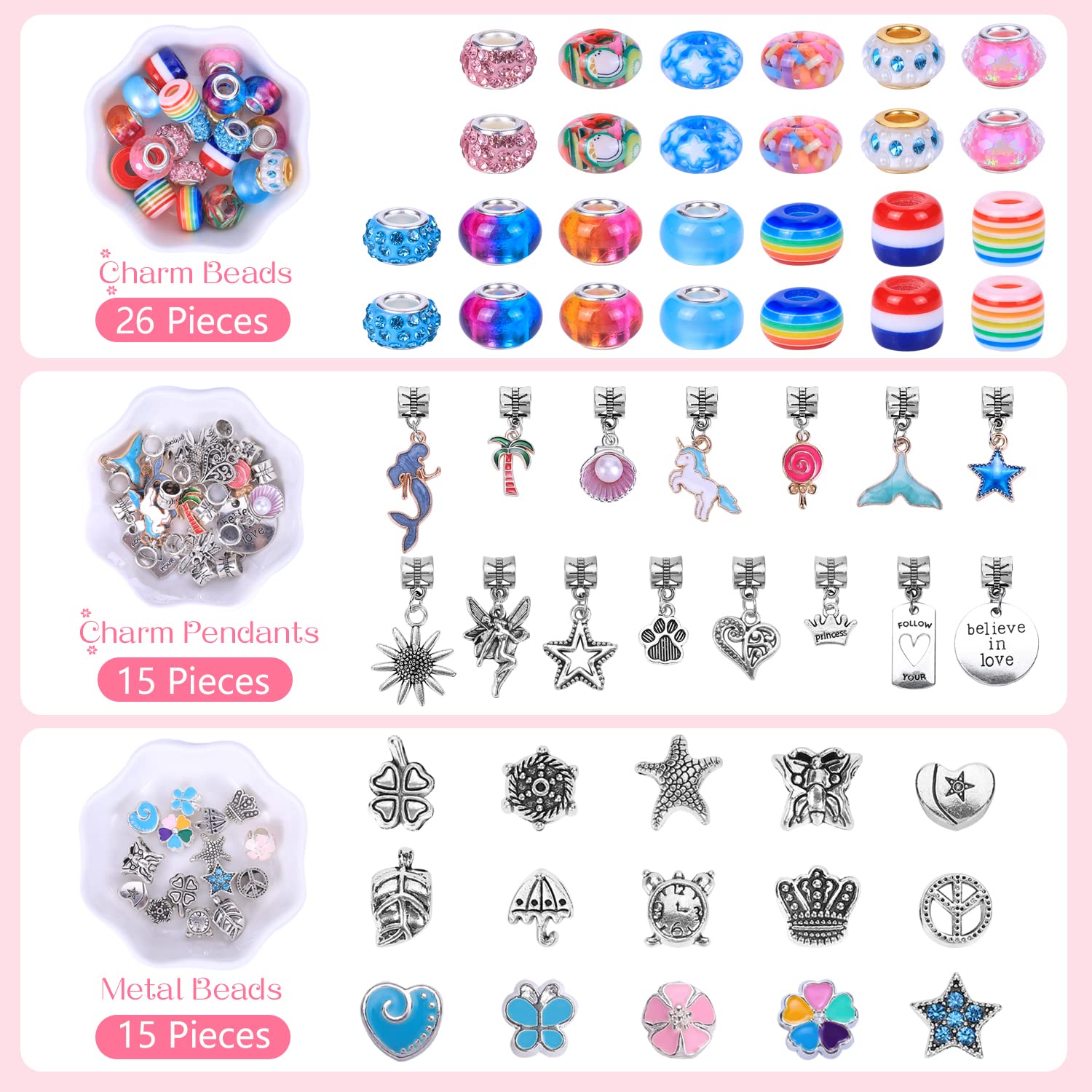 AIPRIDY Charm Bracelet Making Kit,Unicorn Mermaid Crafts Gifts Set Can Inspires Imagination and Creativity,Jewelry Making Kit Perfect Gifts for Girls 5-12 Years Old (72 Pieces Rose Red) - Image 2