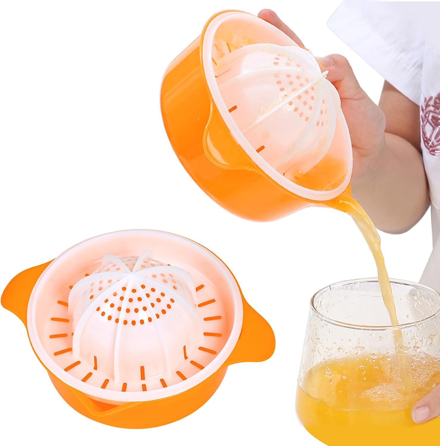 Citrus Orange Juicer, Lemon Manual Hand Squeezer Lime Press Anti-Slip Lid Rotation Reamer with Strainer and Container