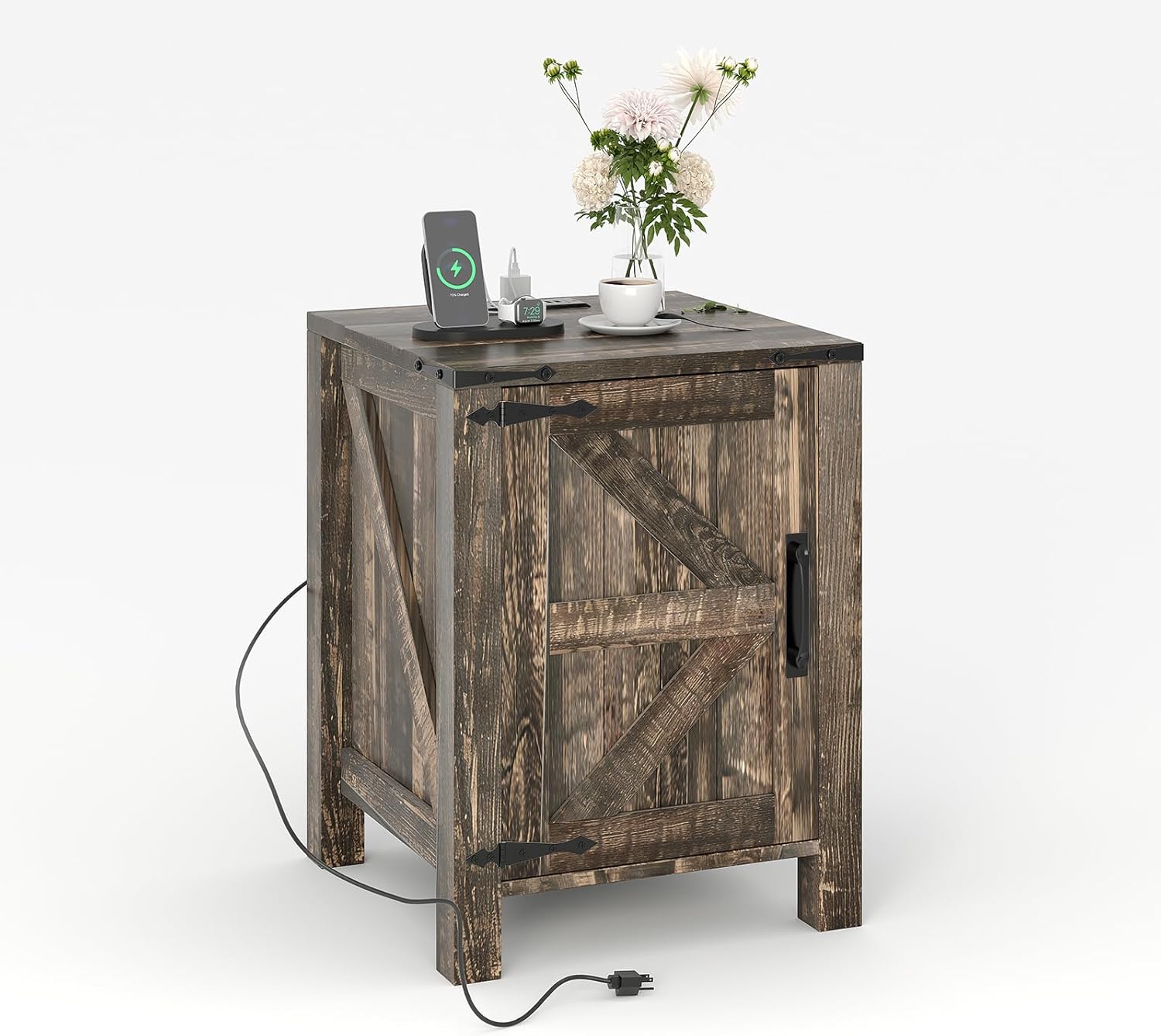 Rustic Farmhouse Nightstand with Charging Station, Barn Door and Adjustable Storage Shelf, Wooden Small Bedside Table, 18" Modern Two-Tier Nightstand & End Table for Bedroom