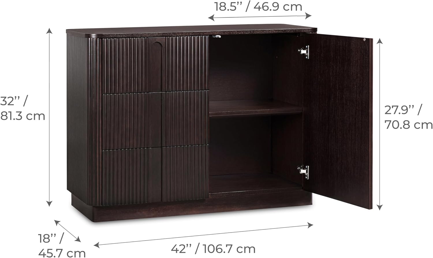 Teamson Home Potomac 42'' W Scandinavian Style Sideboard with 3 Drawer 1 Door and Adjustable Shelf, Solid Wood Frame, Push to Open and Acacia Veneer Living Room Storage Furniture in Espresso