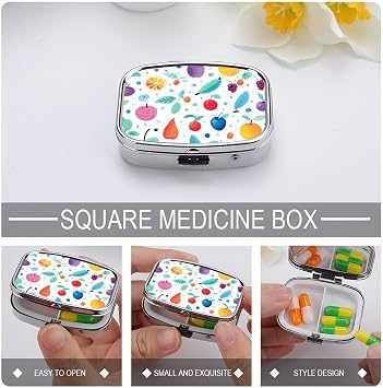 Blue and Fruits Pill Box for Women Men Pocket Square Pill Case Decorative Box Medicine Vitamin Metal Pill Organizer Portable Pill Holder for Travel Unique Gift