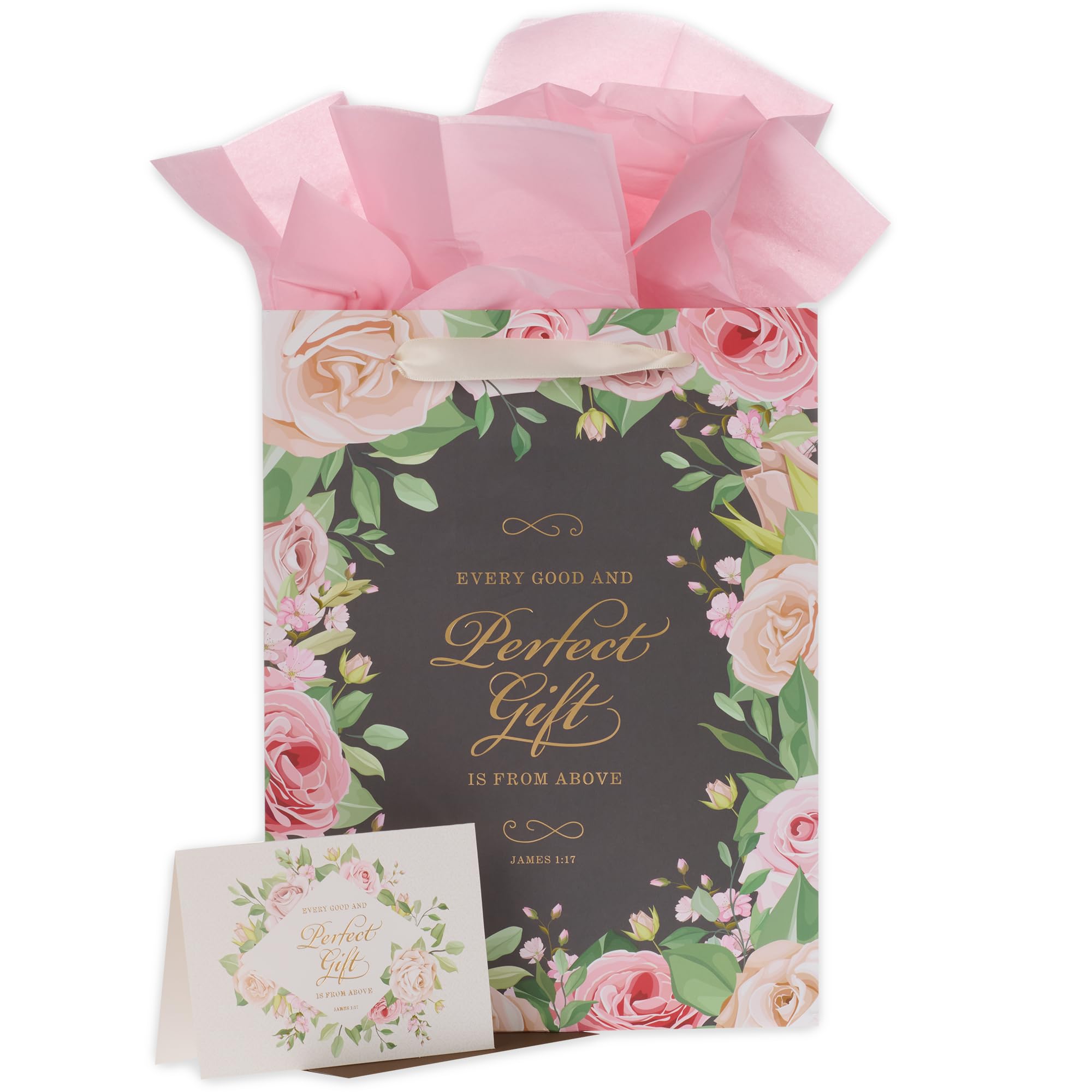 Christian Art Gifts Portrait Gift Bag with Card and Tissue Paper Set - Every Good Gift - James 1:17 Inspirational Bible Verse, Pink Rose Floral, Large