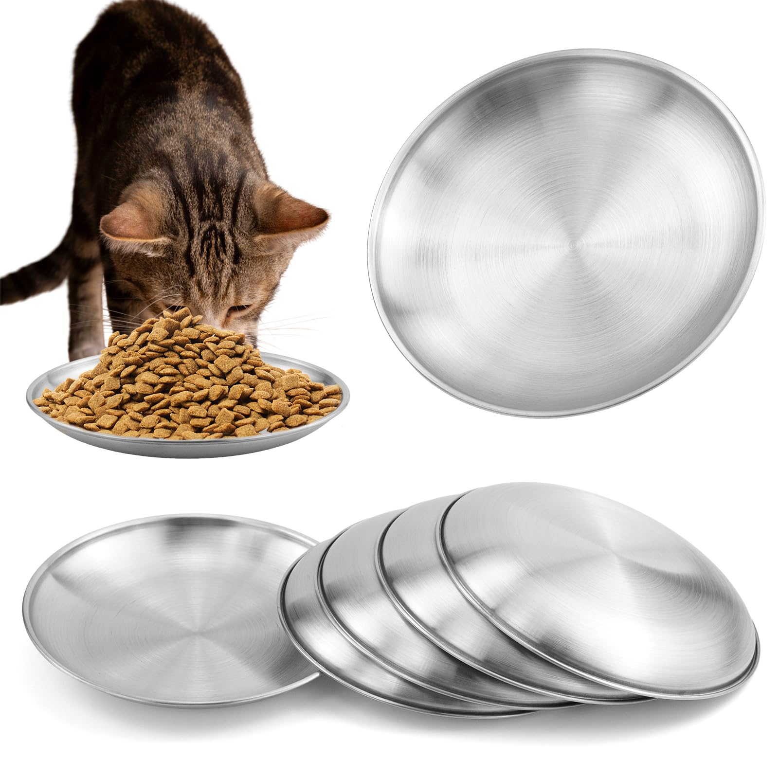 6 cuencos de acero inoxidable para gatos, planos, 14 cm, plato plano con bigotes sensibles, fácil de limpiar, plato para gatos, comedero plano, resistente a caídas, para comida, agua