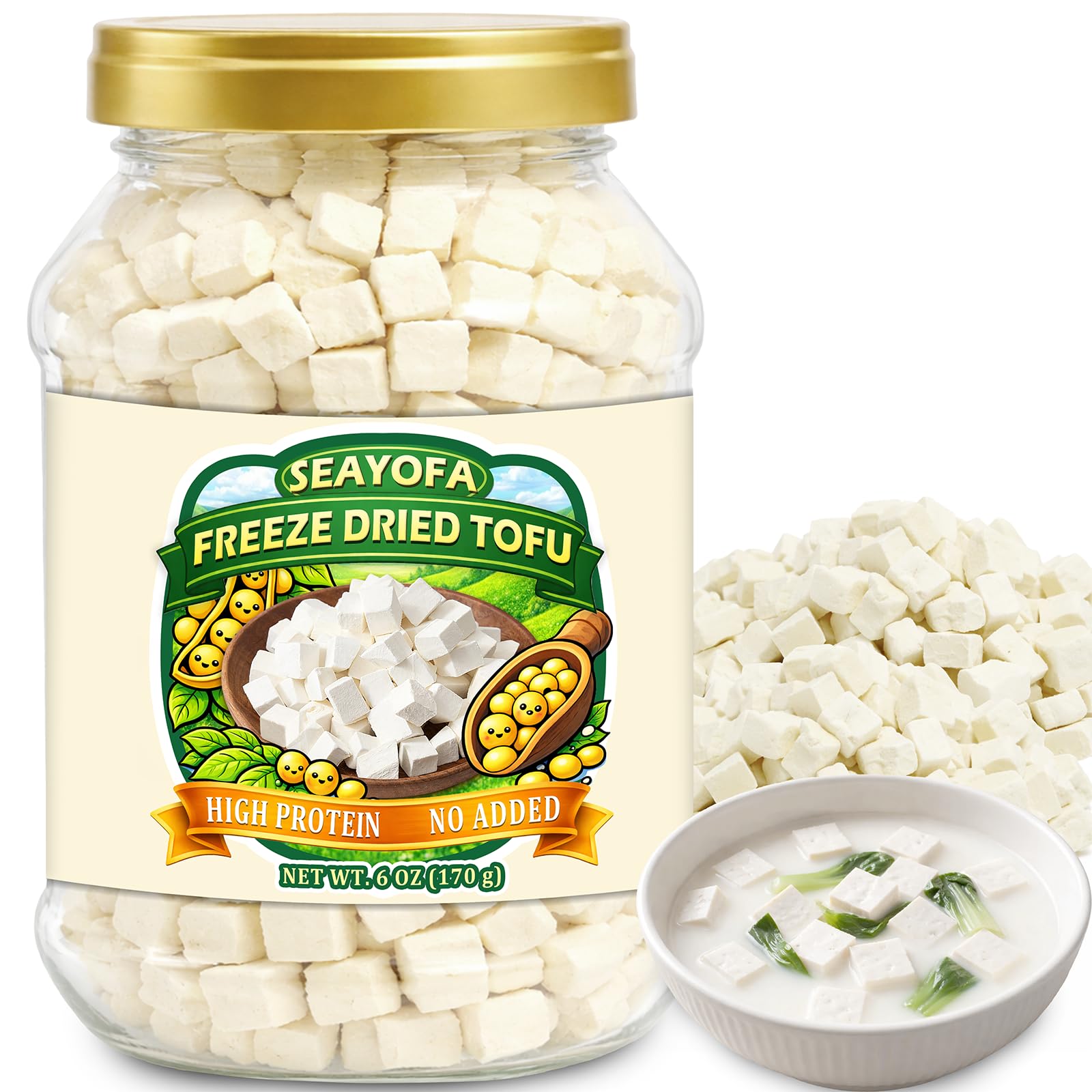 6oz (170g) Freeze Dried Tofu Cubes, 1cm Bite Size, Instant Food Dehydrated Tofu, Family Size Resealable Can, Low Sugar, High Protein, Keto Friendly, Vegan for Ramen, Miso Soup, Salads, Camping, Meal Prep