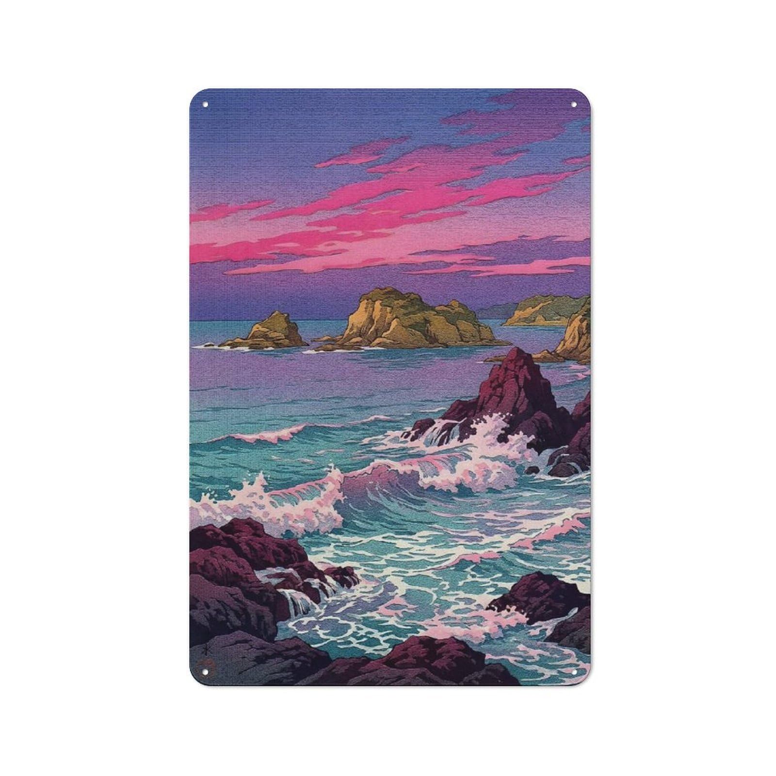 Junmoney Style-15 Tin Wall Sign With Coastal Landscape With Pink Sky Design 30X20cm, Cosy Cafe Wall Decor For Kitchen, Cafe, Pantry Or Dining Room