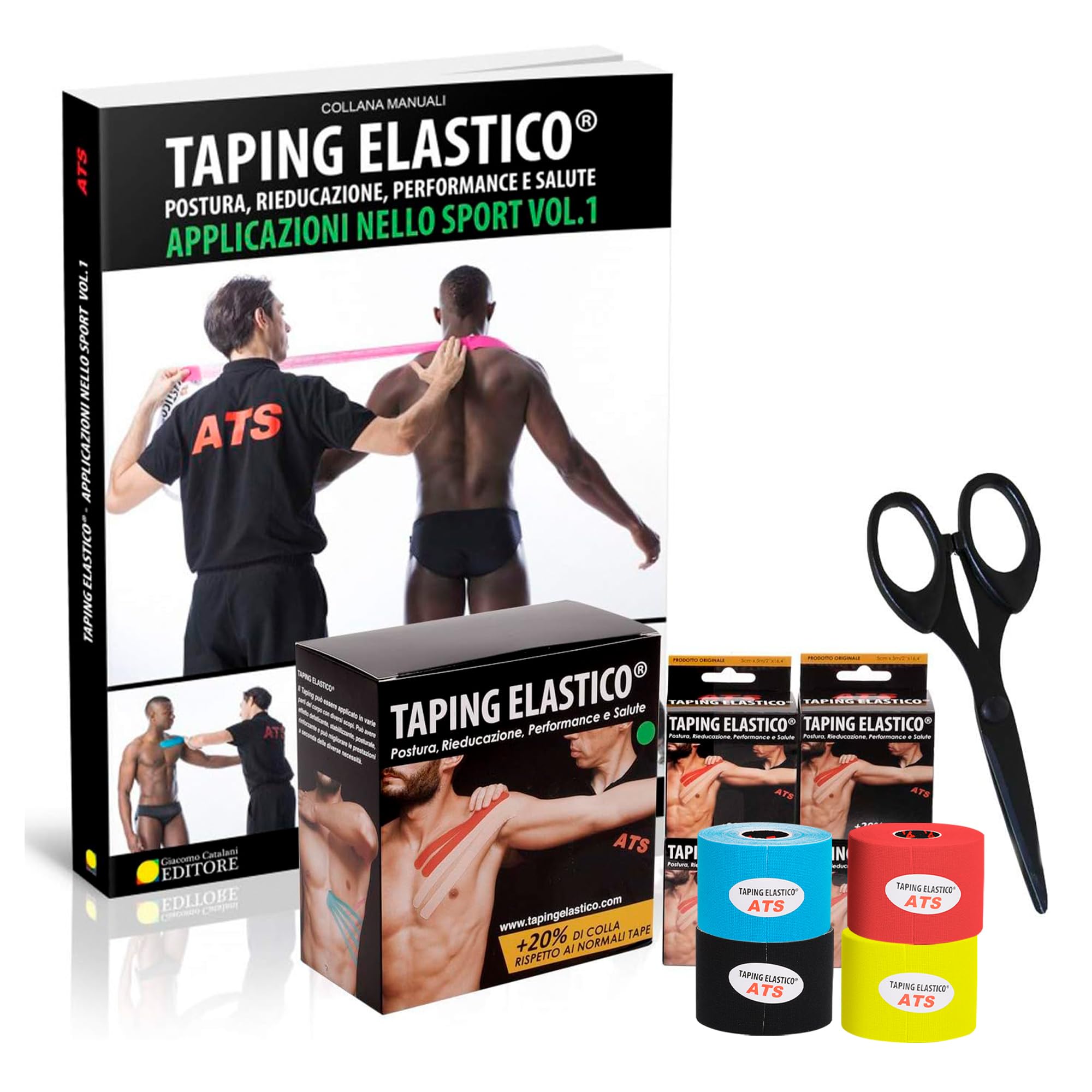 Taping Elastico®. Applicazioni nello sport Vol.1 + 10 Rotoli Tape Professionale ATS 5m x 5cm + Forbici Tape