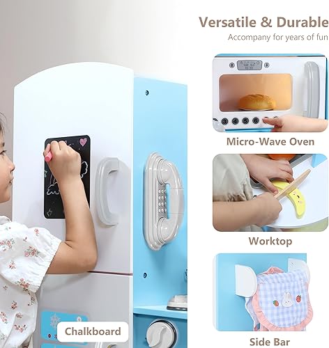 Miniatura 5 de Kinder King Cocina de madera para niños, juego de cocina de juguete para niños pequeños, horno de simulación, microondas, teléfono, pizarra, puertas