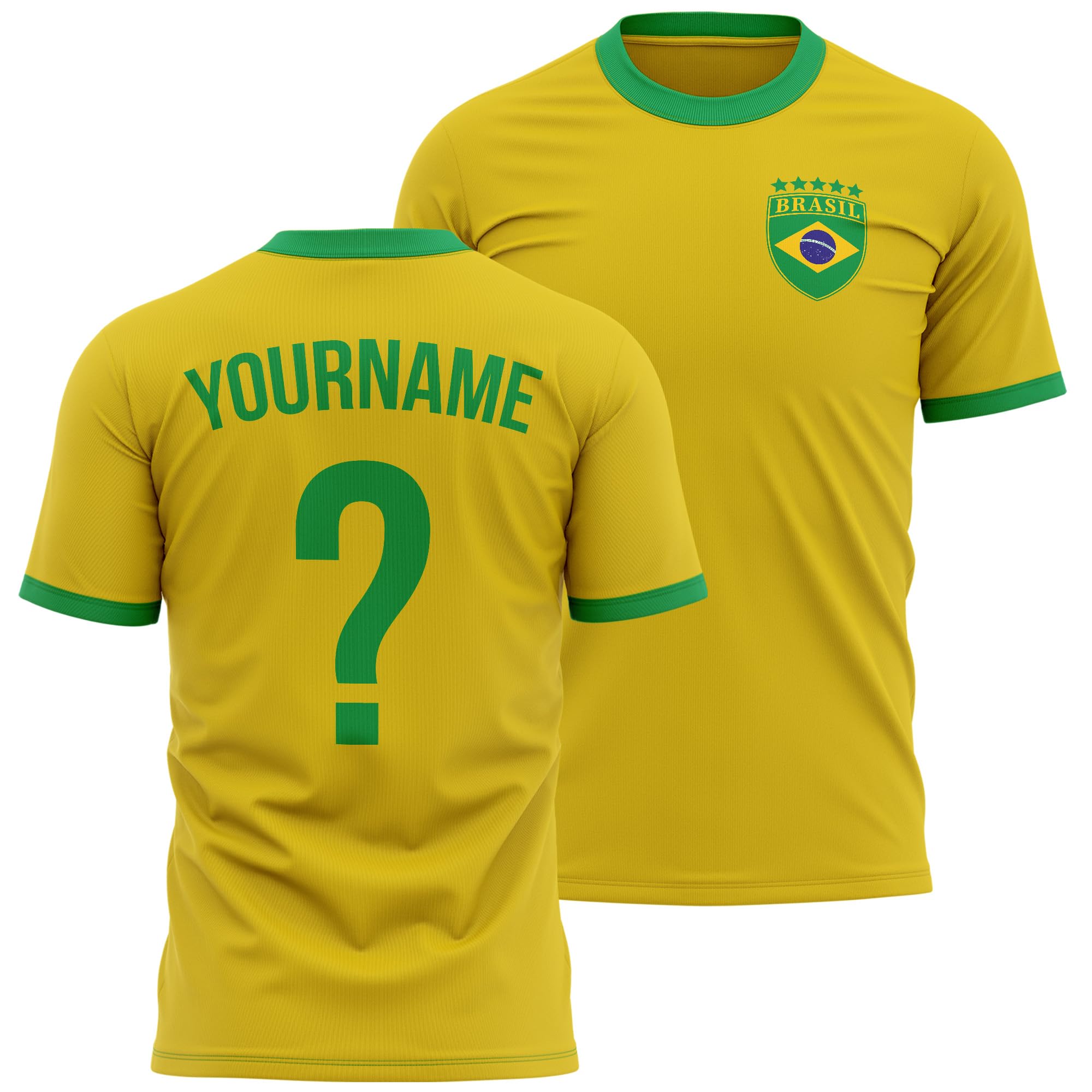 Personalised Brasil Mens T Shirt - Retro Brazilian Badge Pocket Design Custom Name Number Football Fan Tshirt Brazil, M, Yellow/Green