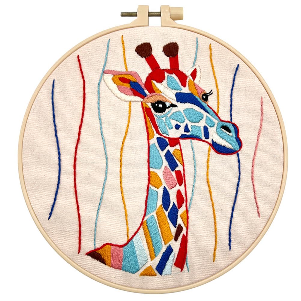 Meecaa Colorful Giraffe Embroidery Kit Starter Set, Hand Embroidery Set,Pattern Printed Cross Stitch Set for Beginner Adults, with Embroidery Hoop and Instructions (Colorful Giraffe)