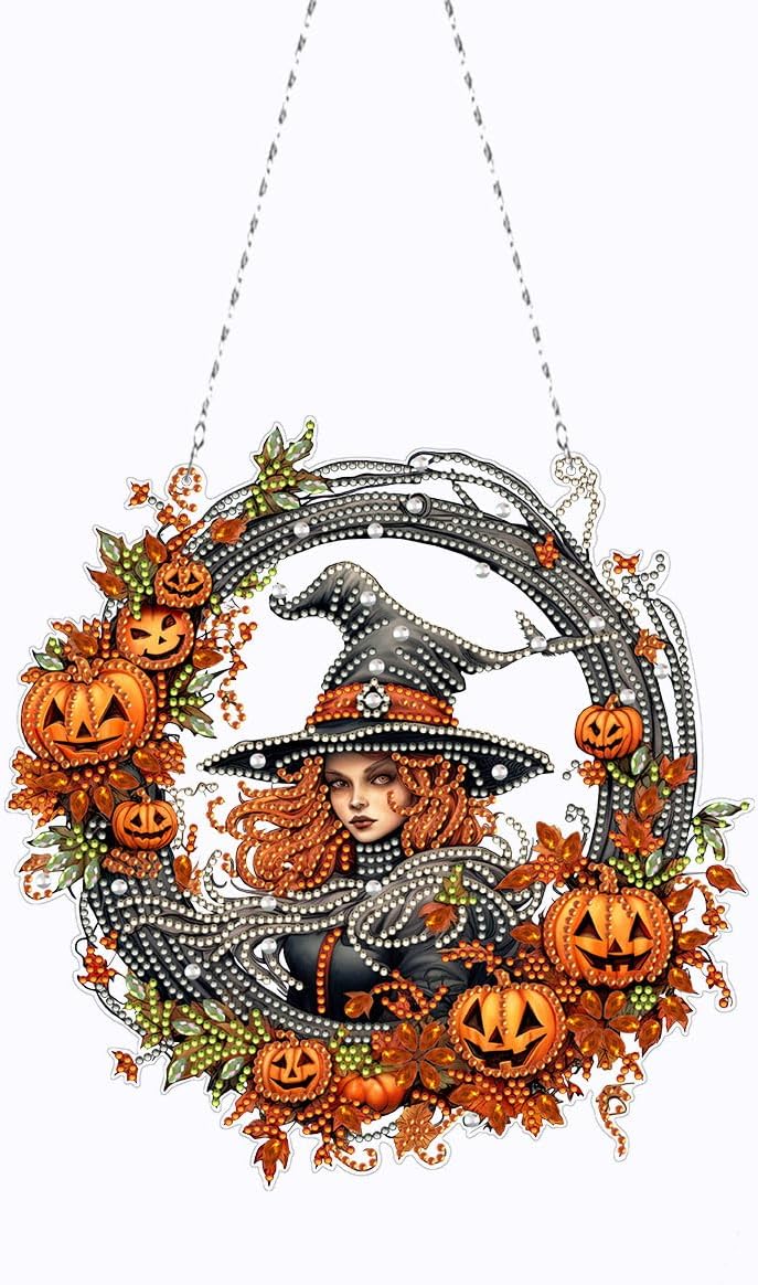 DIY Dot Diamond Window Pendant Diamond Art Painting Halloween Garland Creative Design PVC Home Decoration Pendant (Double-Sided Pattern Single-Sided Dot Diamond)-#08-4PC