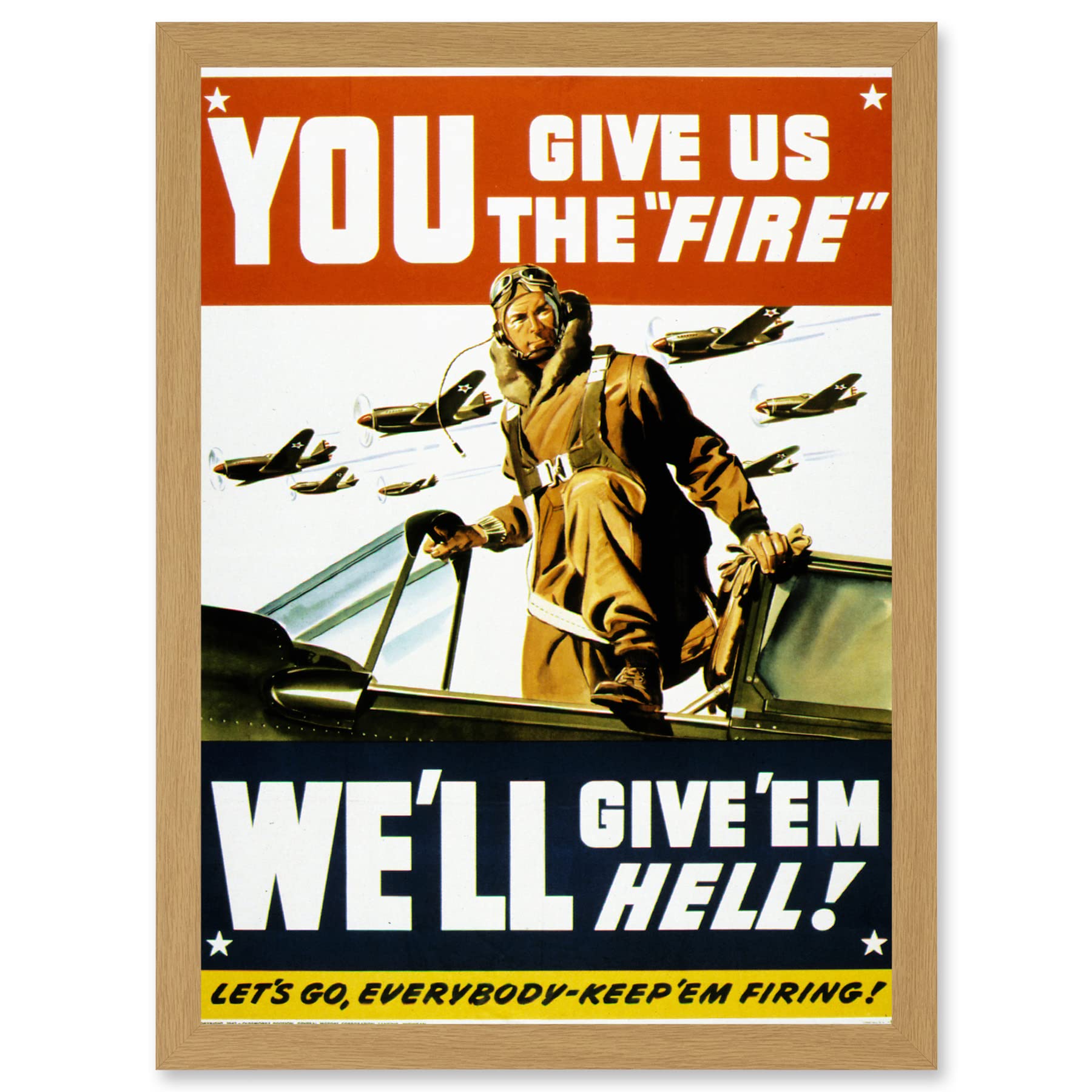 Artery8 War World WW2 USA Pilot Fighter Advert Jet Plane Give Em Hell A4 Artwork Framed Wall Art Print