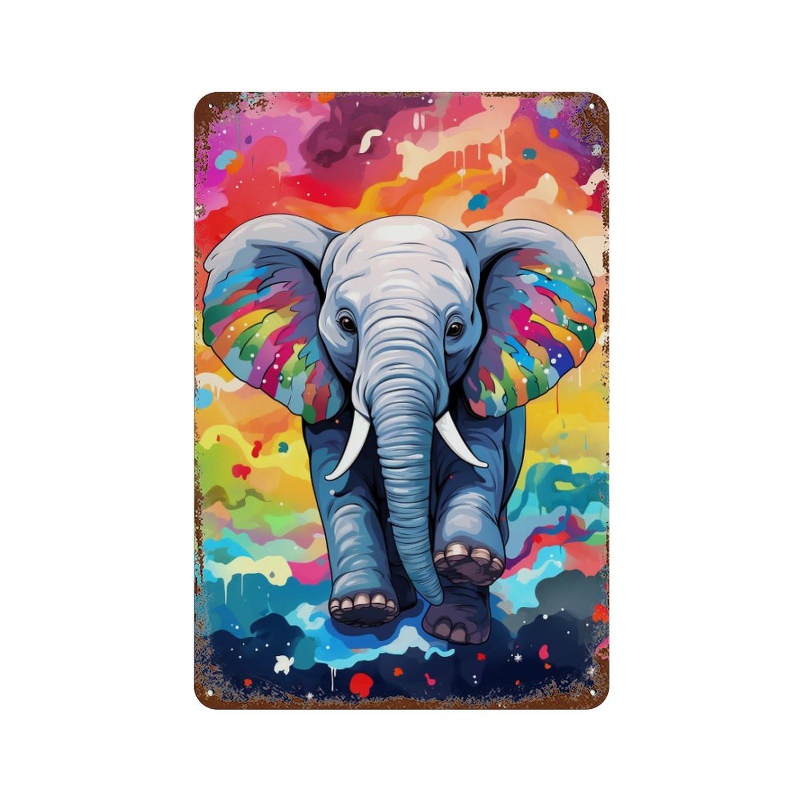 Colorful Elephant Art Print Rust Effect Tin Sign 11.8"x7.9", Decorative Metal Wall Art for Living Room, Hallway And Home Decor