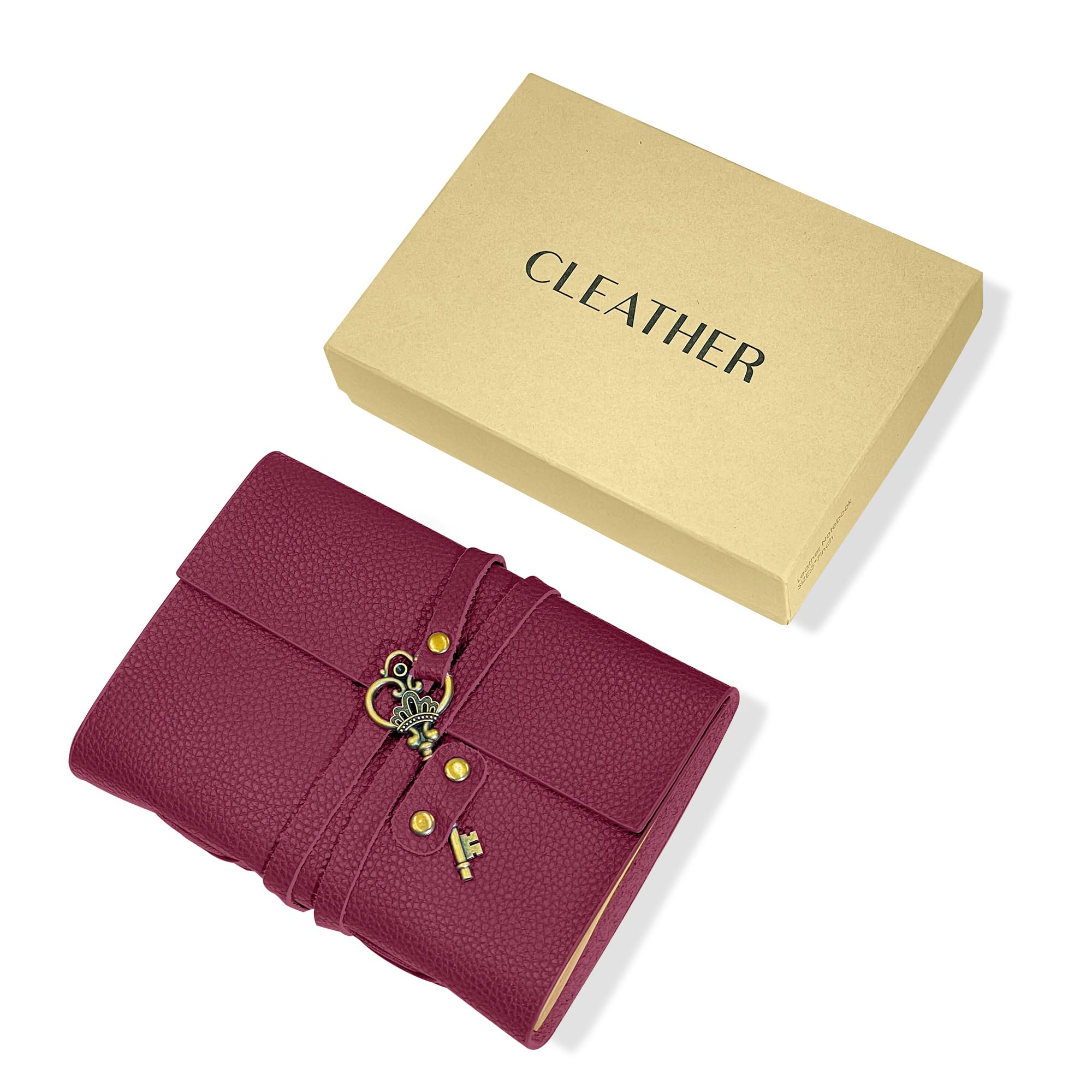 Cleather Diario de piel auténtica de 5 x 7 pulgadas con llave, 200 páginas de líneas, diario encuadernado en cuero hecho a mano para diario de viaje (rojo burdeos)