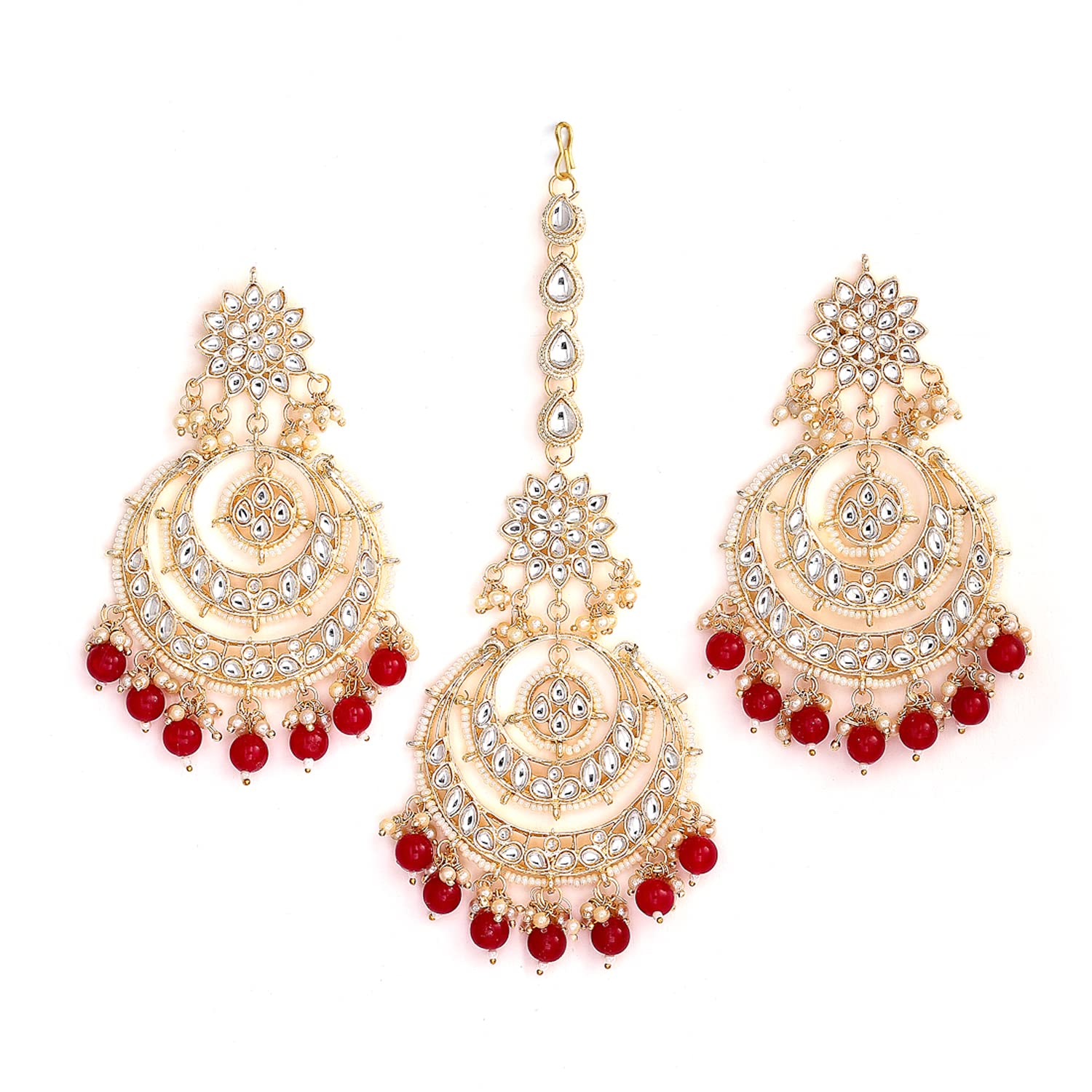 ZENEME Traditional Gold Plated Big Chandbali Kundan & Pearl Earring Set With Maang Tikka for Women (Red) (B09VKMVLB3) Amazon Price History, Amazon Price Tracker
