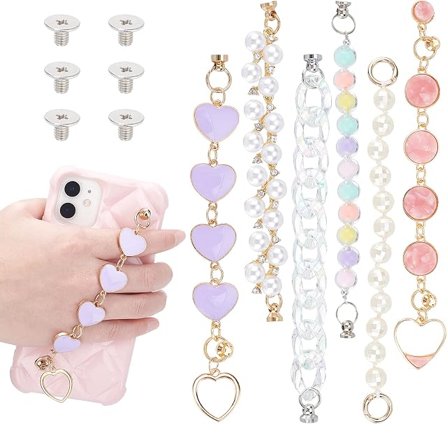 PandaHall Cute Phone Finger Strap Chain, 6 Styles Drop Resistant Phone Grip Holder 5.9"~9.4" Resin Acrylic Heart Pearl Beaded Secure Phone Bracelet Strap with Screw Nuts for DIY Phone Case Decor
