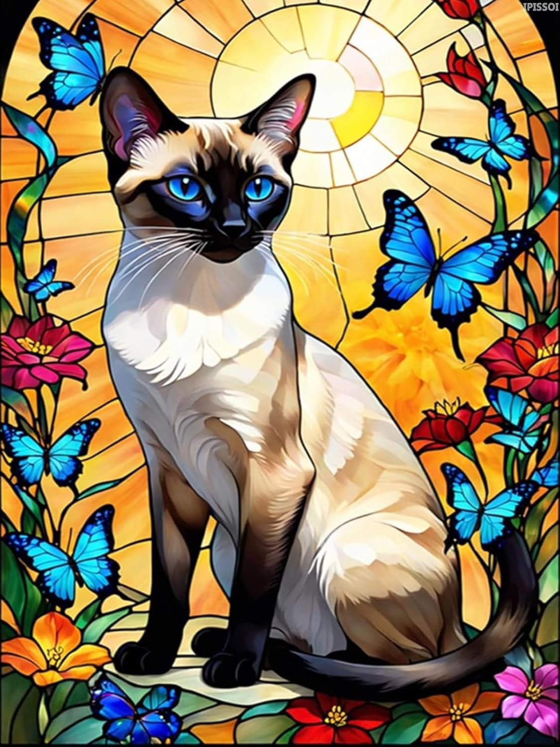 IPISSOI Xmas Gift Siamese Cat Butterflies Stained Glass Diamond Art Painting Kits, Diamond Painting DIY for Beginners Adults Full Drill Diamonds Dots 12x16 inch for New Year, Valentine's Day Gifts