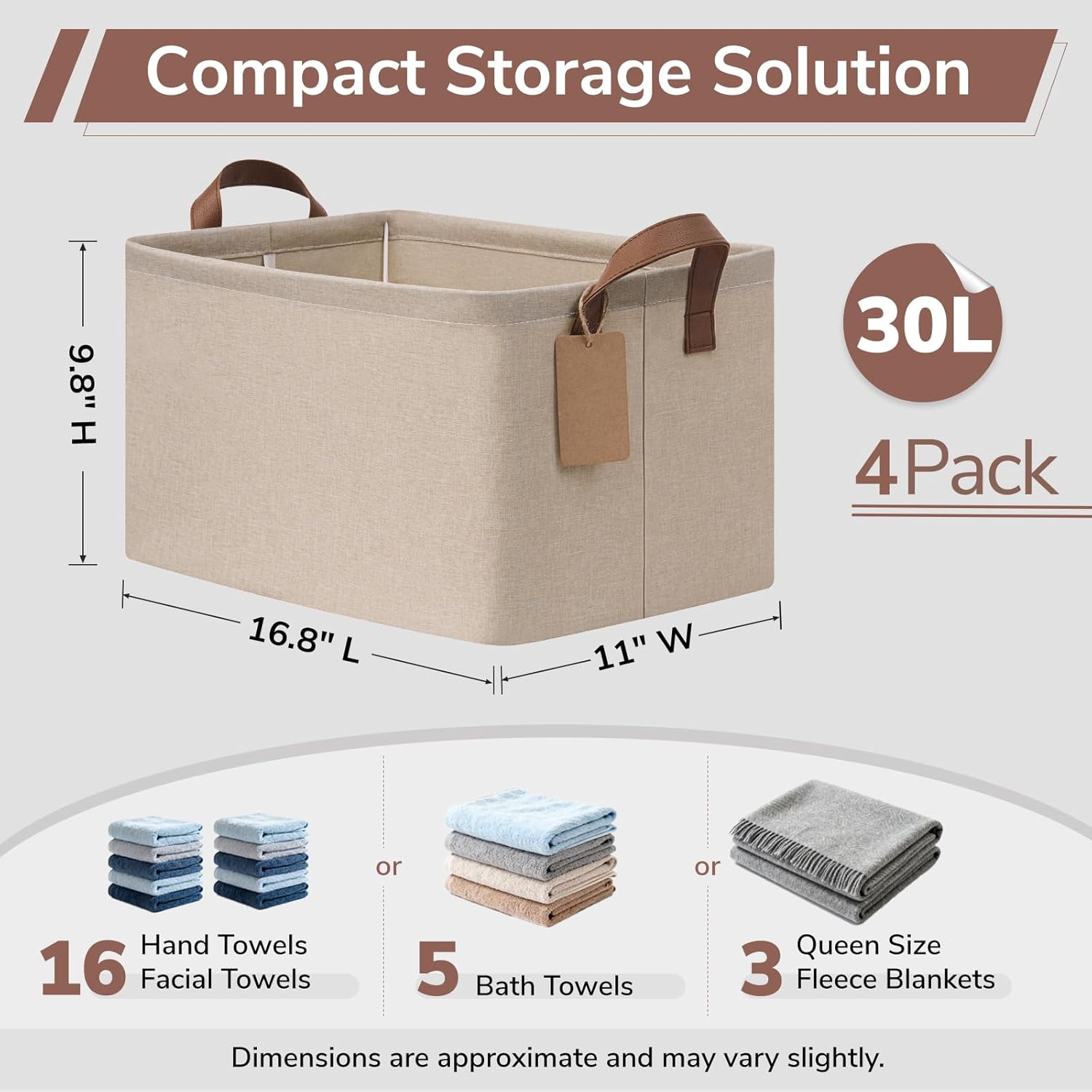 CHICVITA 4 Pack Large Storage Baskets for Shelves, Collapsible Towels Organizer Bins with Metal Frame, Closet Organizers and Storage Basket for Toys, Blankets, 16.8" x 11" x 9.8", Brown