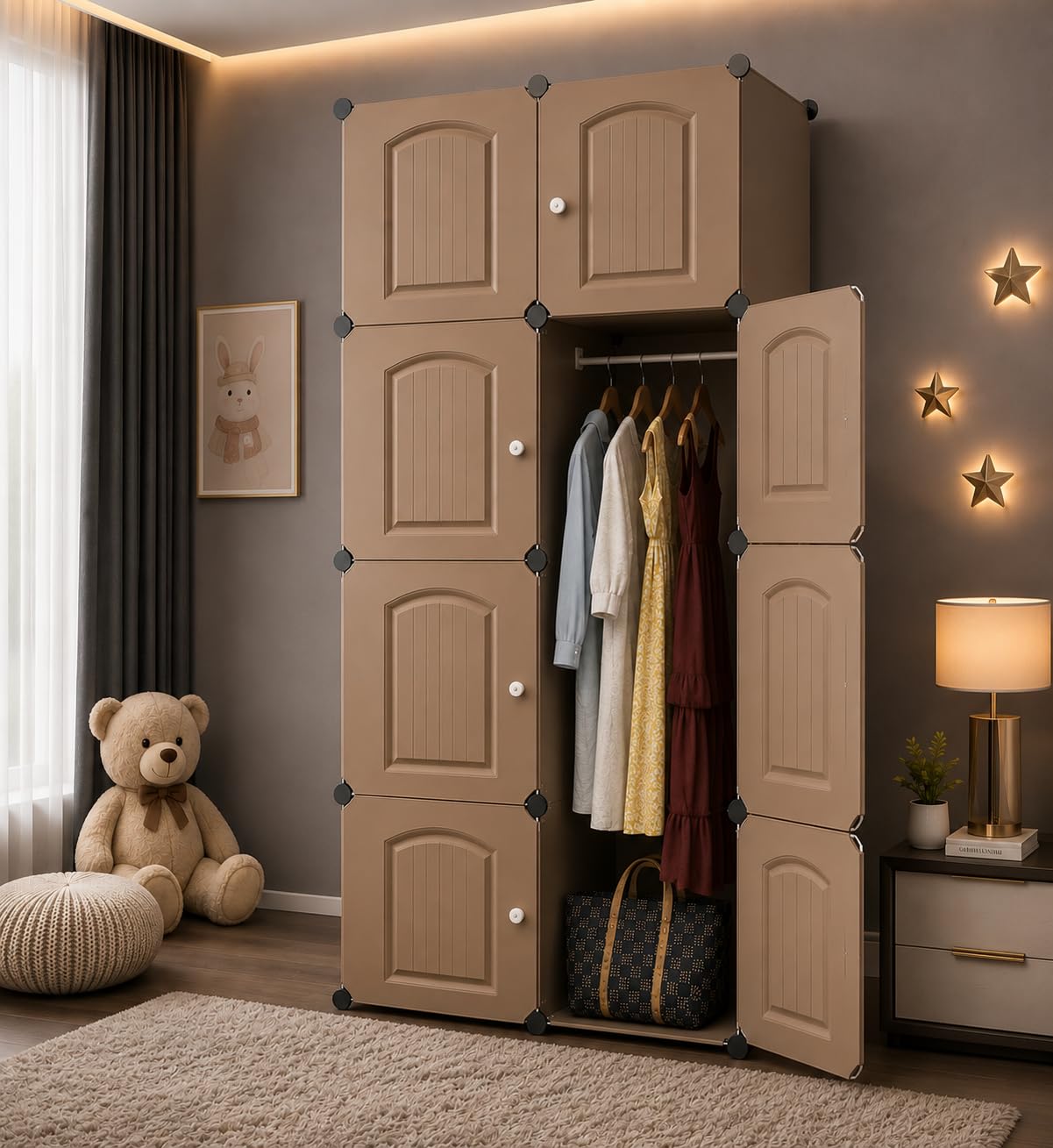 Plastic Wardrobe for Clothes | 8 Cube Baby Almirah Cupboard for Bedroom | Collapsible Portable Wardrobe for Clothes Storage | Kids Almirah for Clothes | Storage Cabinet for Baby (8-Shelf-Coffe-Z5)-image-8