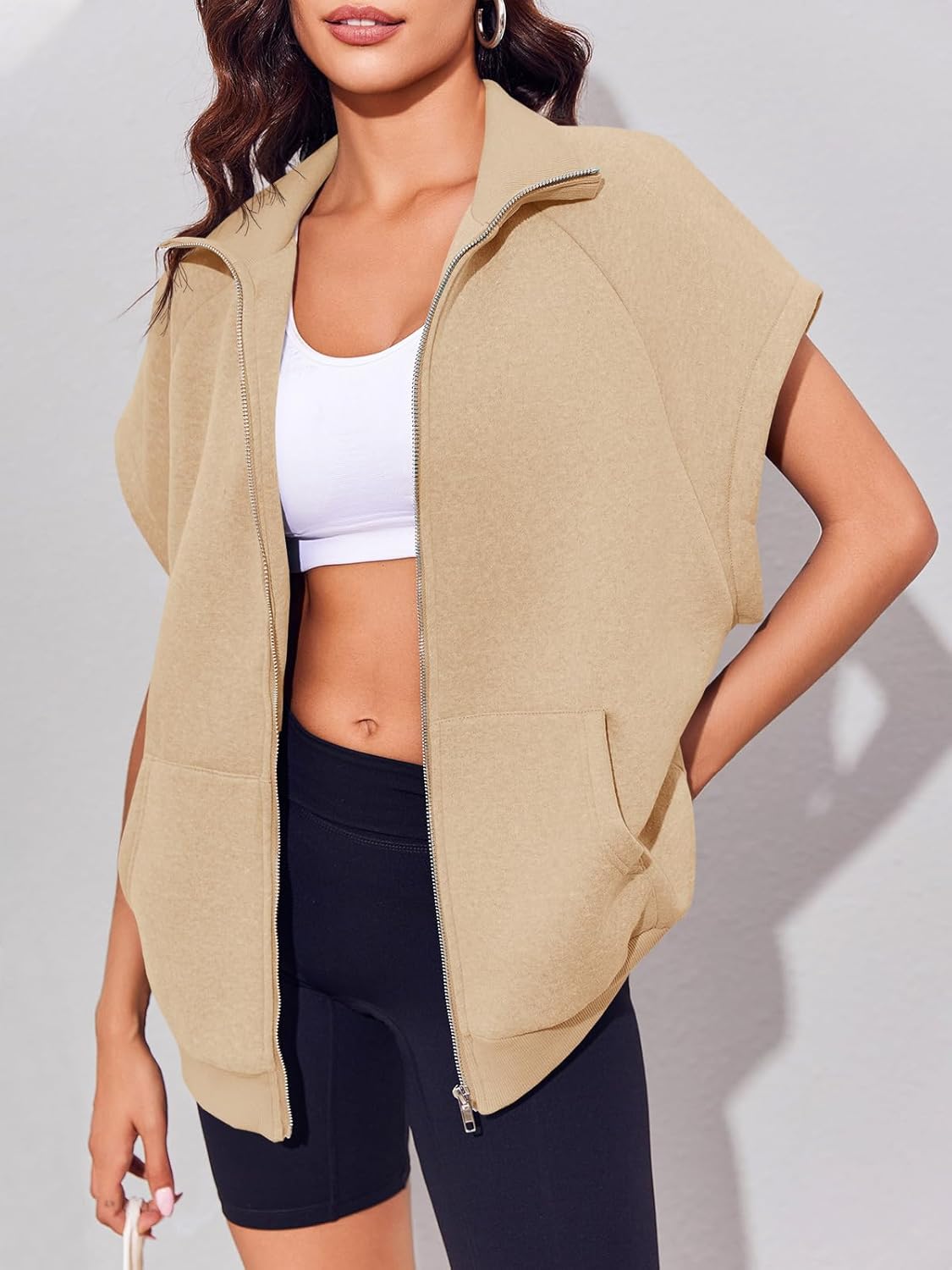 Fisoew Women's Zip Up Sweatshirts Sleeveless Oversized Casual Solid Color Sweatshirt with pockets Beige - Image 2
