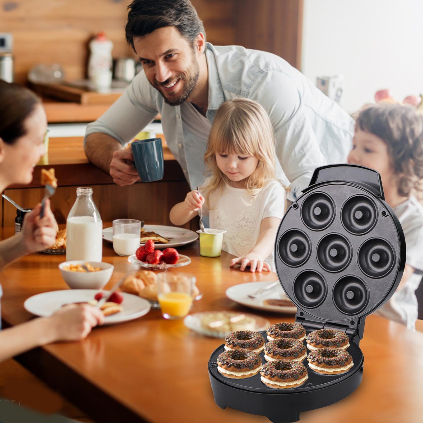 Macchina Per Ciambelle Mini con Manico Antiscottatura e Spia Luminosa | Per Waffle E Ciambelle per Cucina Ufficio Ristorante Caffè Colazione Dolci Snack