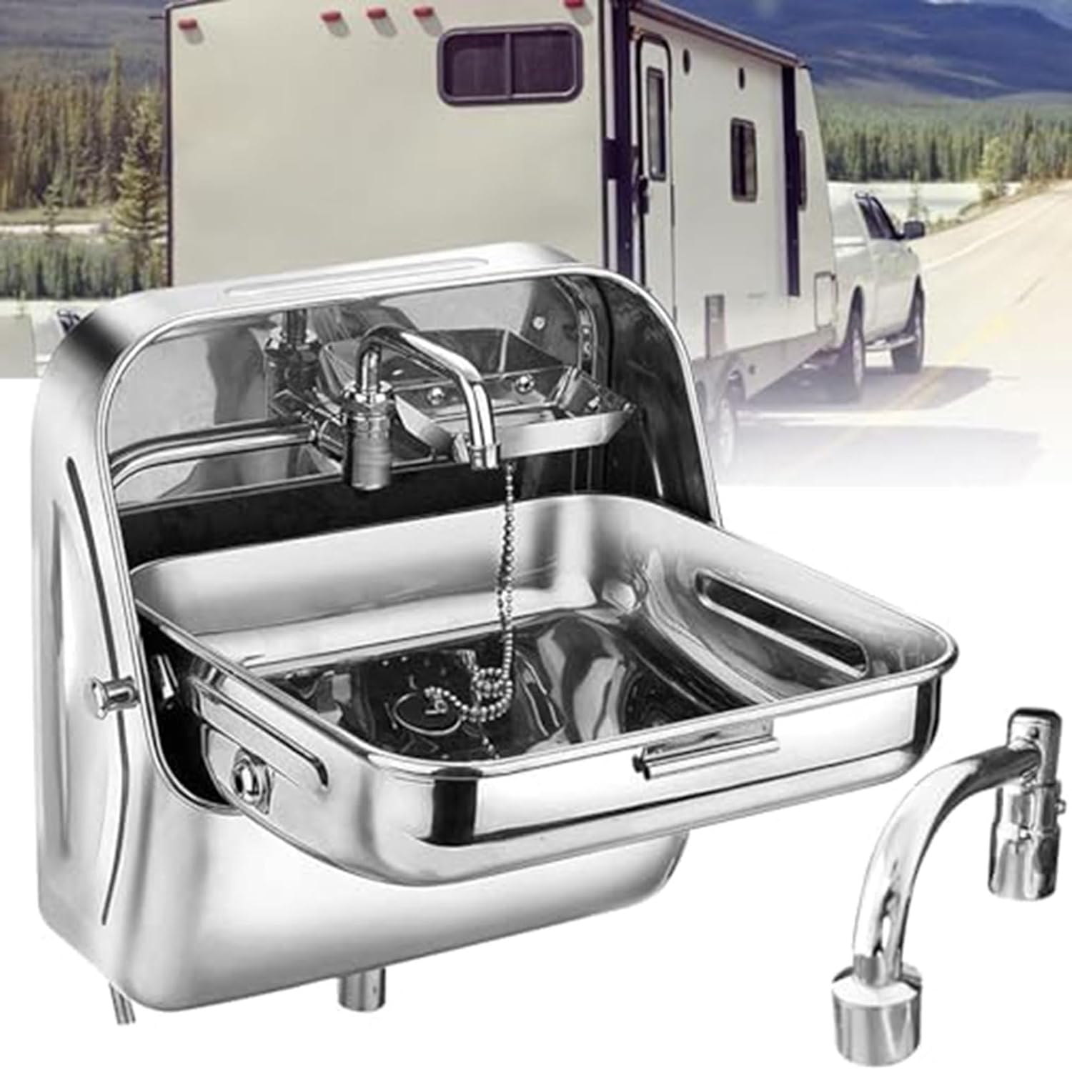 Wall-Mounted Stainless Steel Utility Sink with Cold Water Faucet Space-Saving Folding Design for Rv Bathroom Motorhomes Boats and Vans