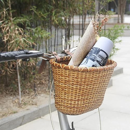 Miniatura 7 de Cesta de bicicleta – Manillar tejido de caña para almacenamiento de bicicletas con correas de cuero ajustables y hebillas para niños y adultos