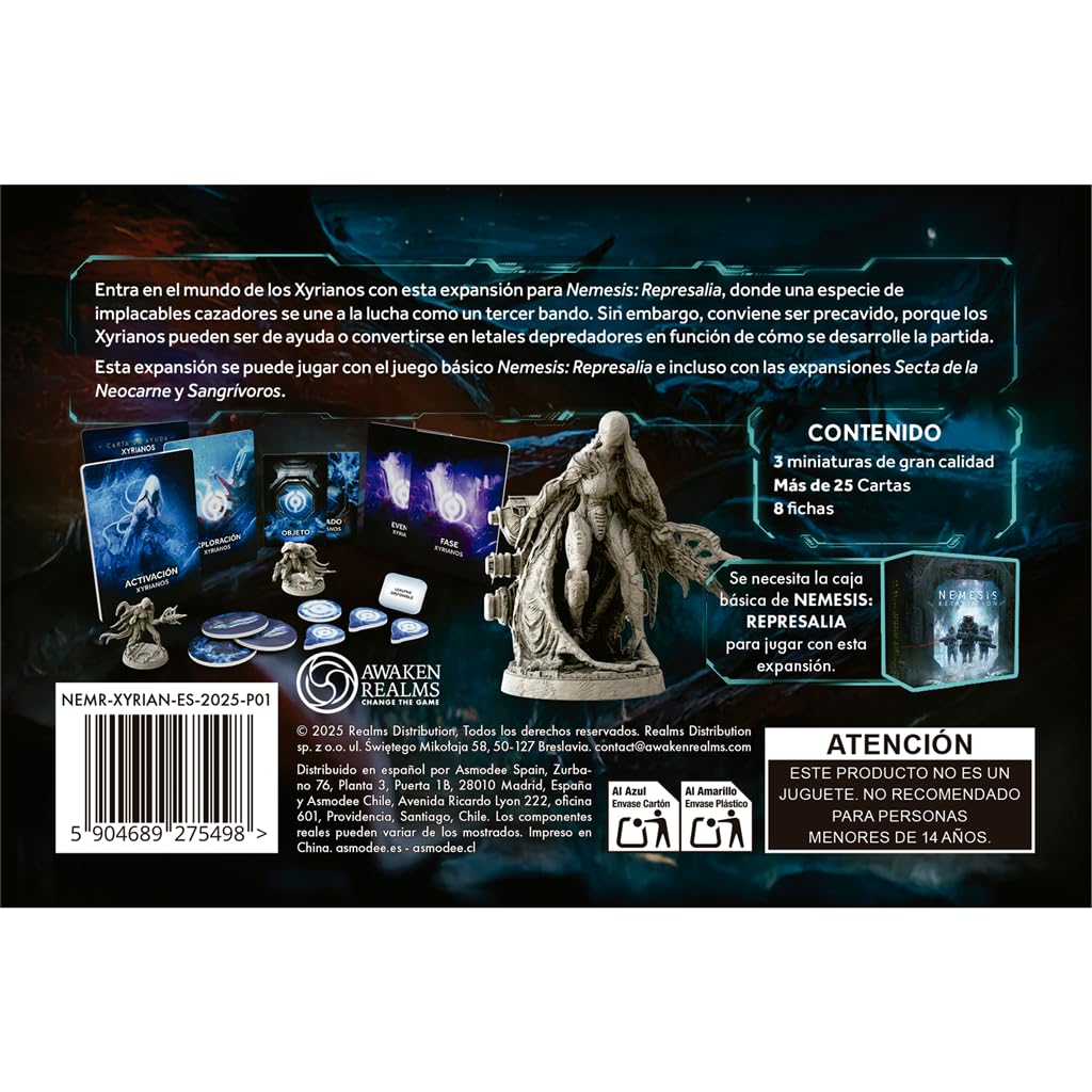 Awaken Realms Nemesis: Represalia Xyrianos, Expansión con 3 Miniaturas de Depredadores Alienígenas, Nuevo Tercer Bando en el Conflicto, A Partir de 14 Años, De 1 a 5 Jugadores, 120 Minutos, Español