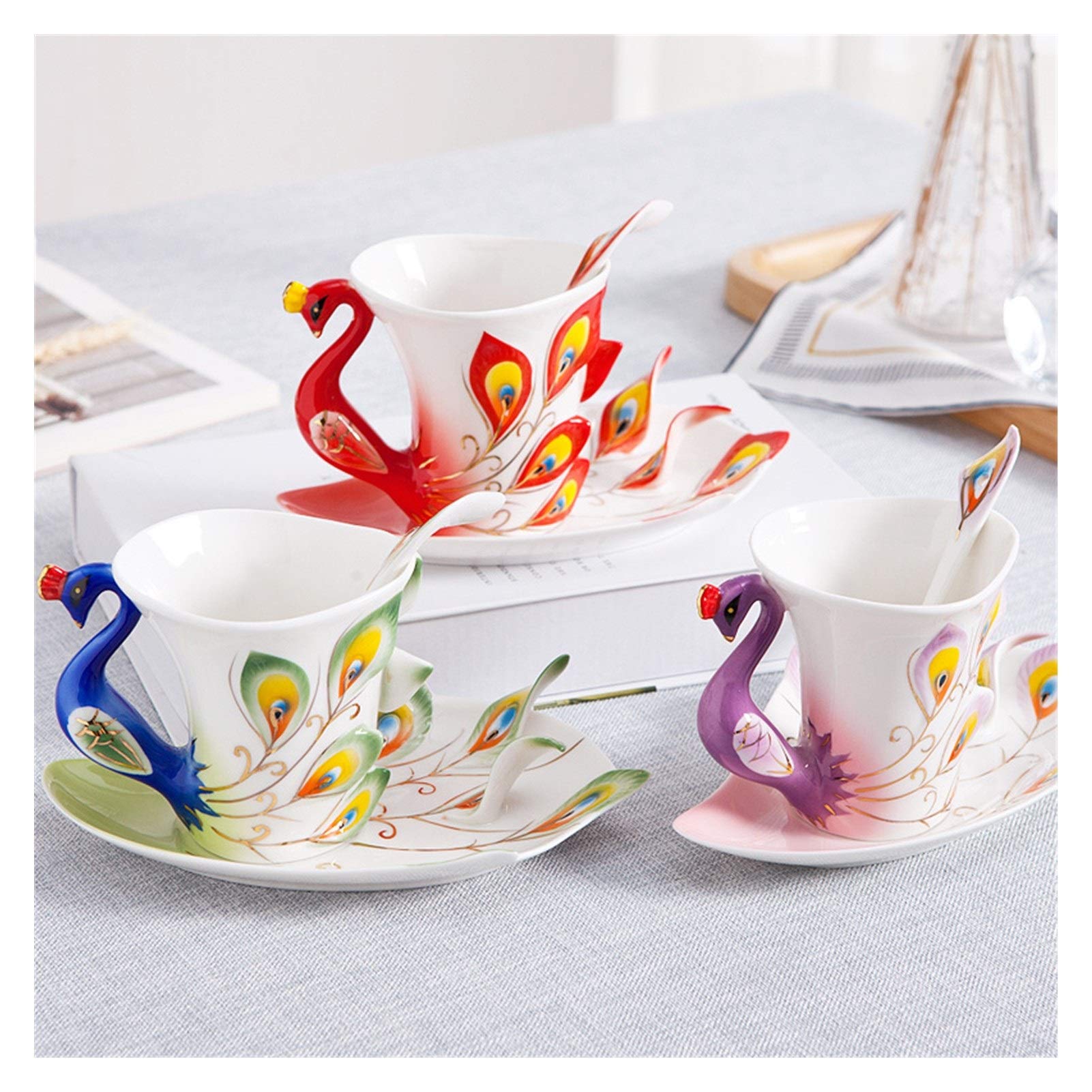 Kaffeetasse,Steingut Tassen Kreative 3D Hand Crafted Emaille-Pfau-Kaffeetasse-Set mit Untertasse und Löffel Geschenk Keramik Tee-Wasser-Schale Schale Geschenk(230ml,Orange)