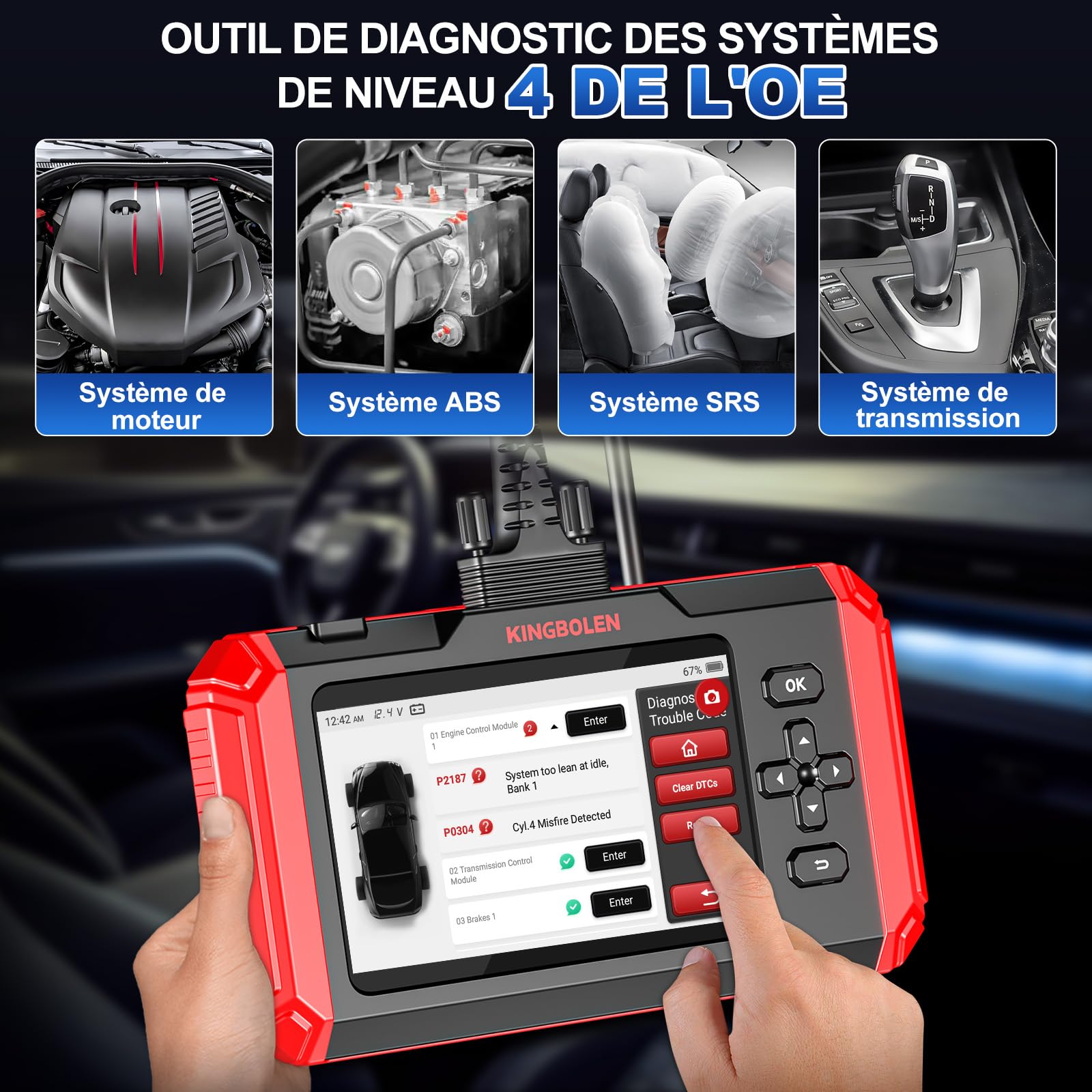 KINGBOLEN S800 Valise Diagnostic Auto pour Moteur/ABS/SRS/Boîte de Vitesses, Outil de Diagnostic OBD2 du 4 Système avec 15 Services, l'huile/INJEC/SAS/DPF/TPMS etc, AutoVIN Mise à Jour Gratuite