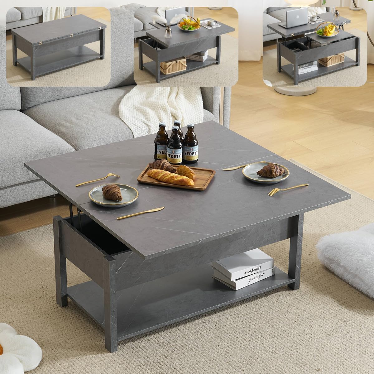 Center Table with Storage Shelf, Coffee Table, Foldable, Top Board Rising, Storage, Living Room, Easy Opening/Closing, Fashionable, 2 Times of Tabletop, Tabletop, Low Type, Wooden, Large Capacity, Multi-functional, Height Adjustable, Easy Assembly, Width 39.4 inches (100 cm) (Gray)
