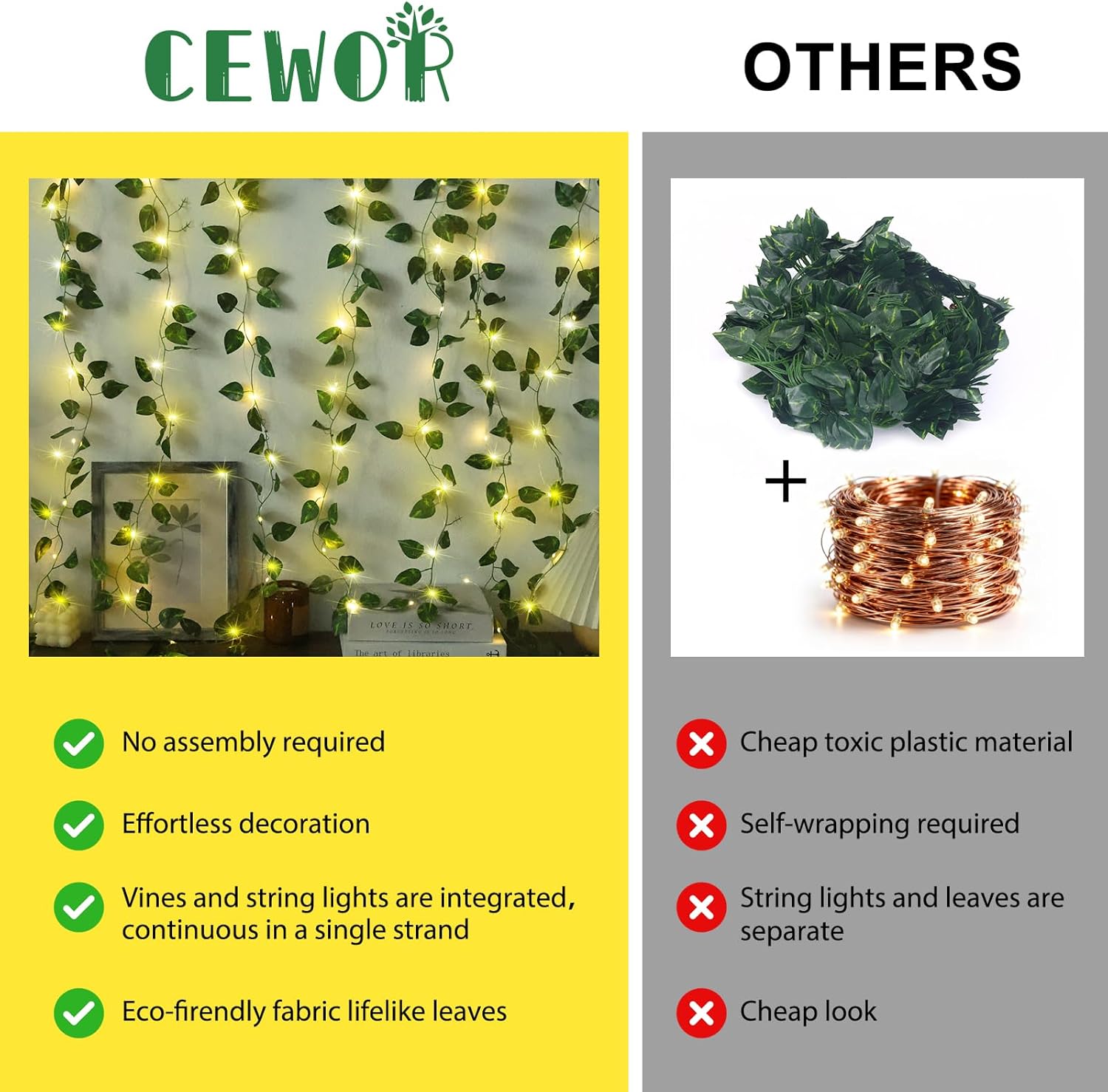 CEWOR Vines with Lights Battery Operated, 40ft 120 LED Ivy String Lights, Fake Ivy Garland for Home Wedding Decor (Pothos)