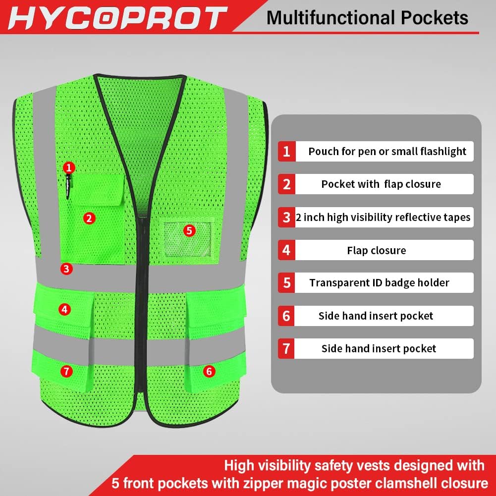HYCOPROT High Visibility Mesh Safety Reflective Vest with Pockets and Zipper, Meets ANSI/ISEA Standards - Image 2