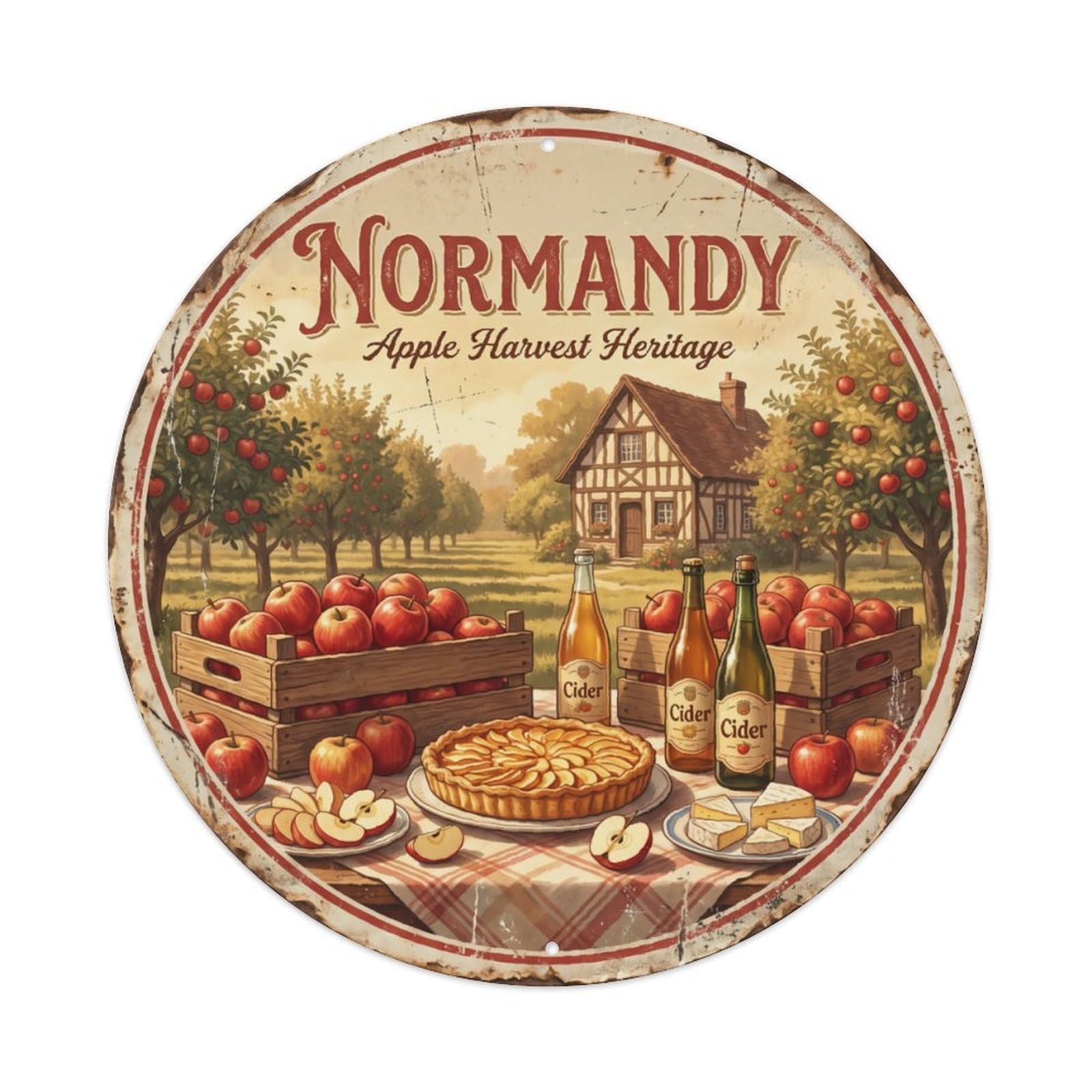 Ldfuieksufg Style Round Normandy Apple Harvest Farm Vintage Wall Sign Country Kitchen Decor Vintage Aluminium Metal Sign, Retro Wall Decor For Home, Bar, Garage & Farmhouse 20X20cm